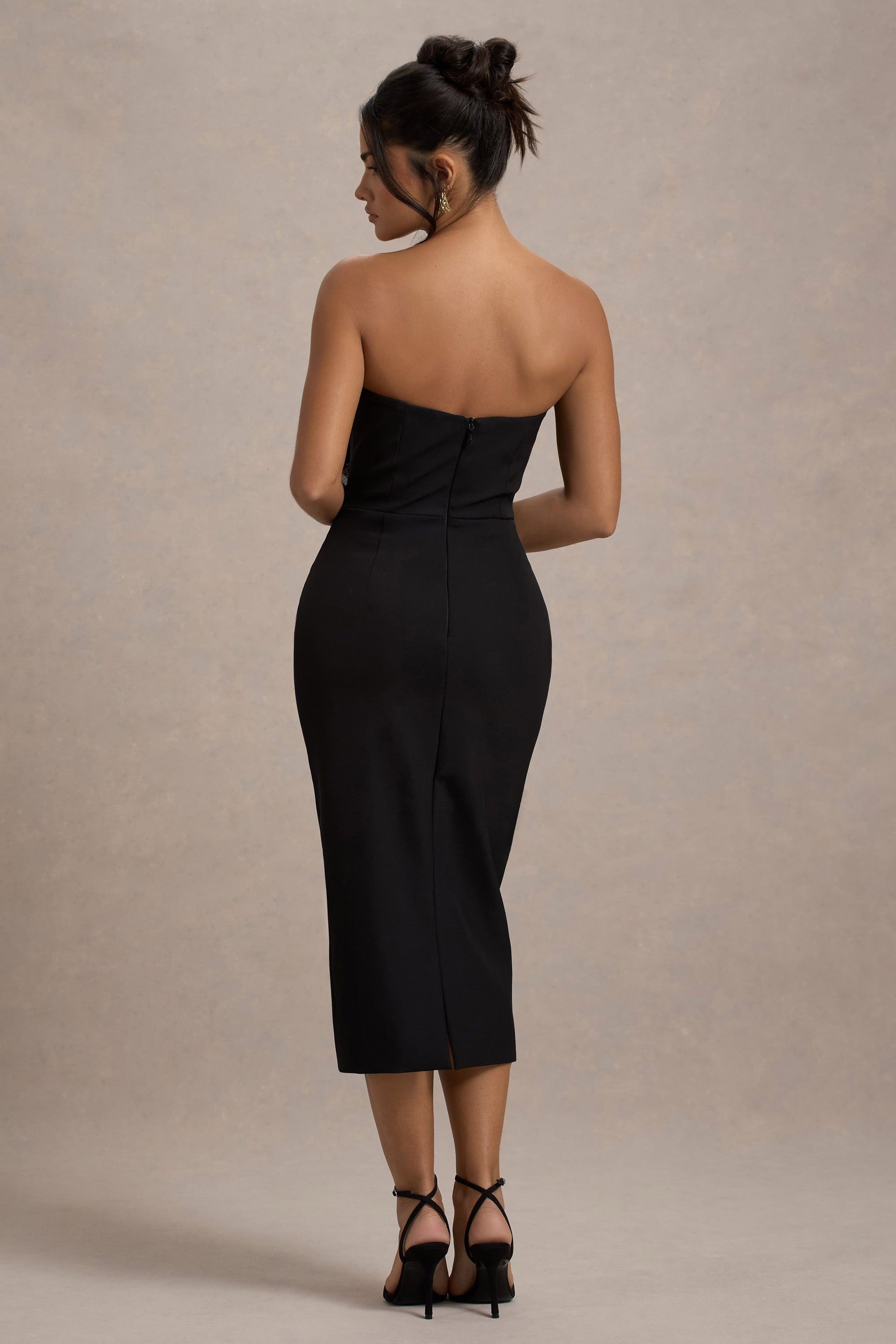 Moya | Schwarzes und goldenes Bodycon-Midikleid mit Korsagen-Detail