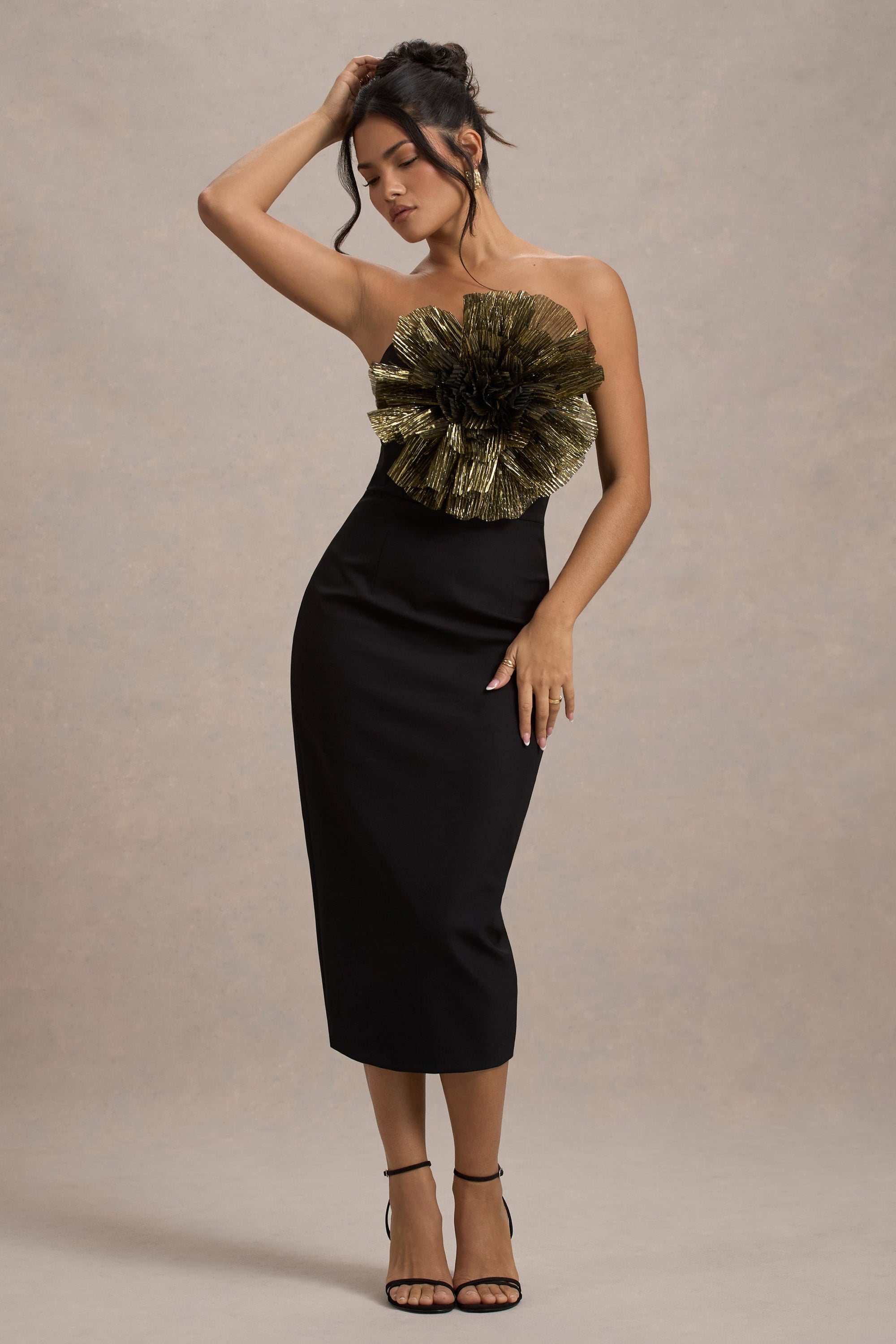 Moya | Schwarzes und goldenes Bodycon-Midikleid mit Korsagen-Detail