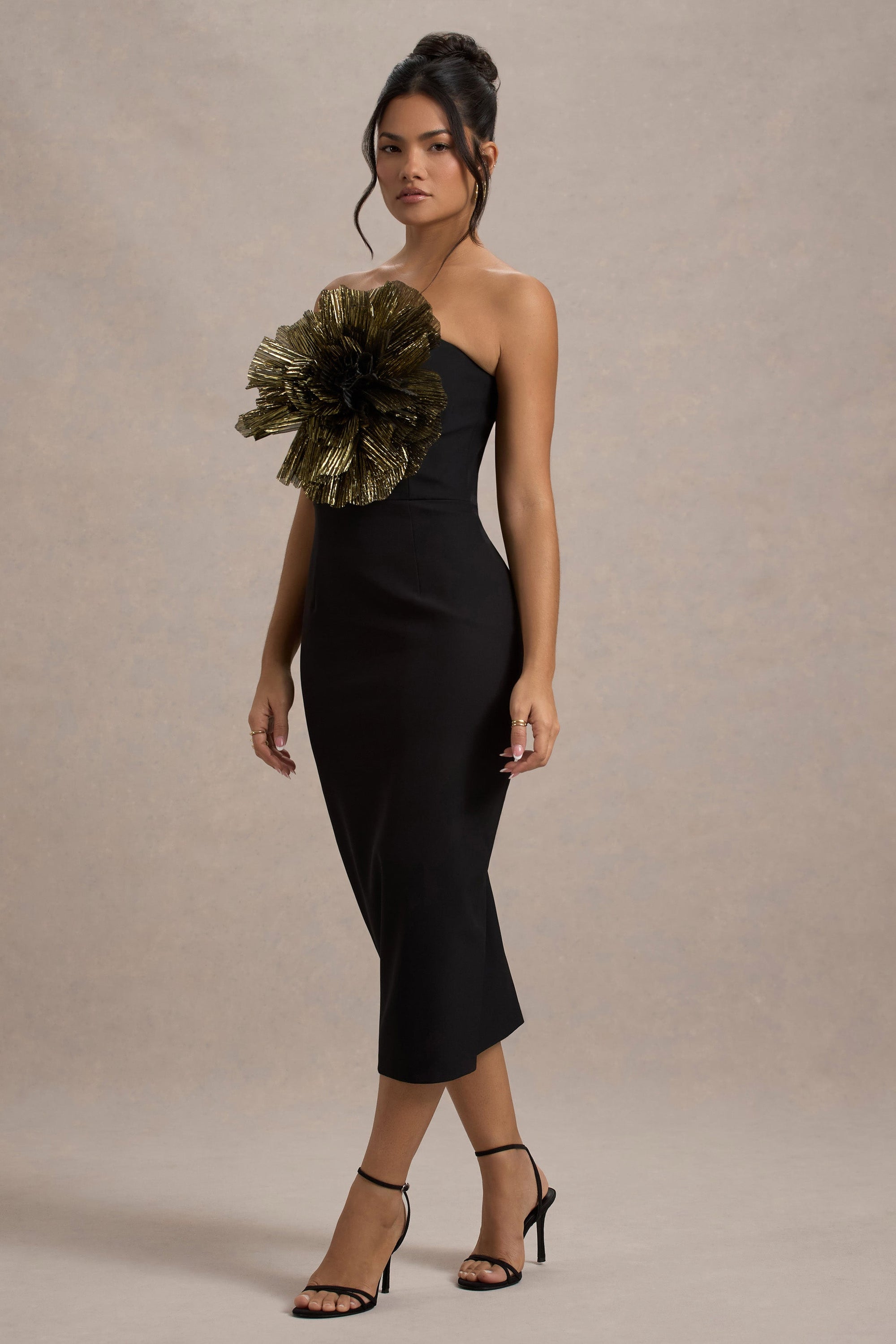 Moya | Schwarzes und goldenes Bodycon-Midikleid mit Korsagen-Detail