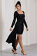 Crimson Cut | Schwarzes Blumen-Minikleid aus Samt mit langen Ärmeln und Rüschen