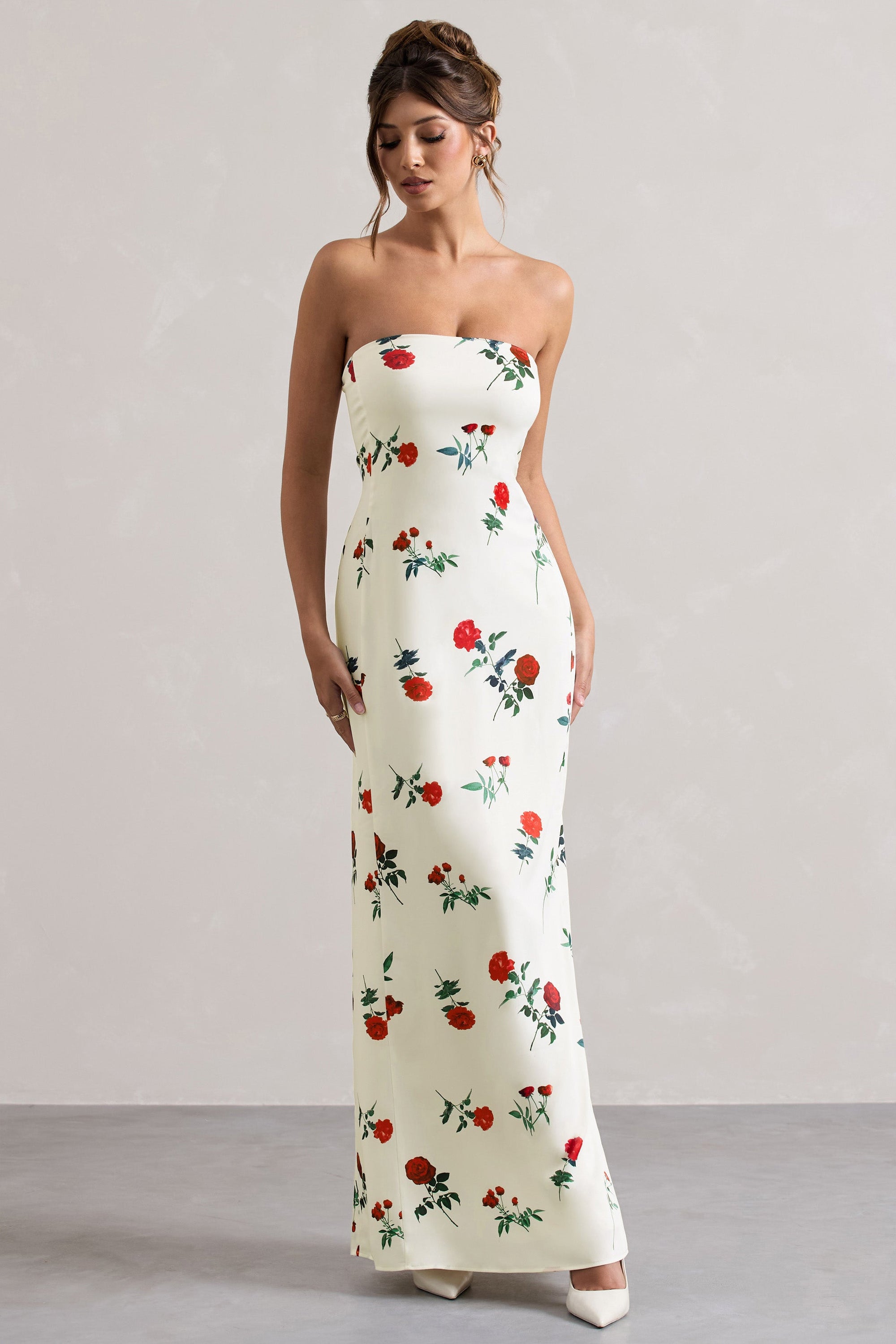 Azra | Rosenprint-Satin-Bandeau-Maxikleid