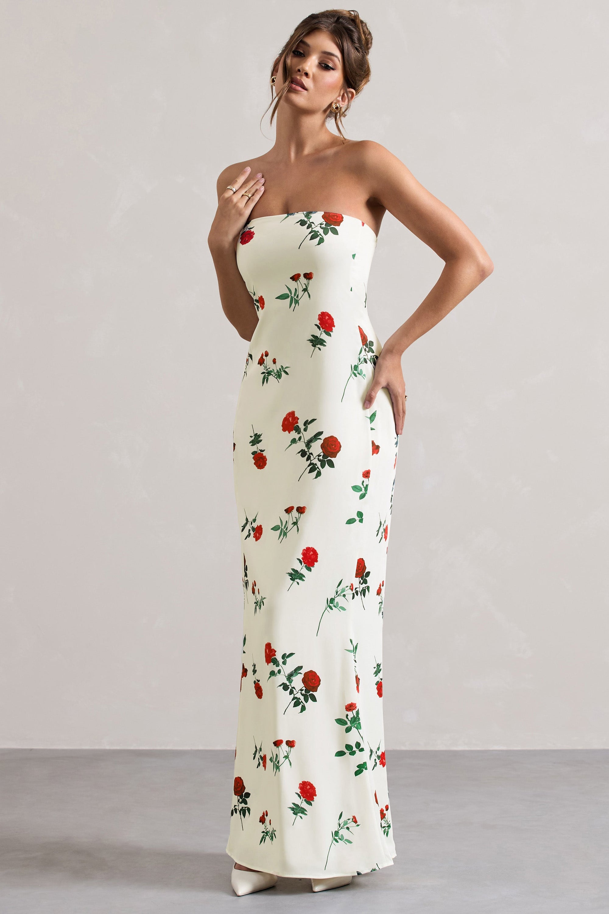 Azra | Rosenprint-Satin-Bandeau-Maxikleid