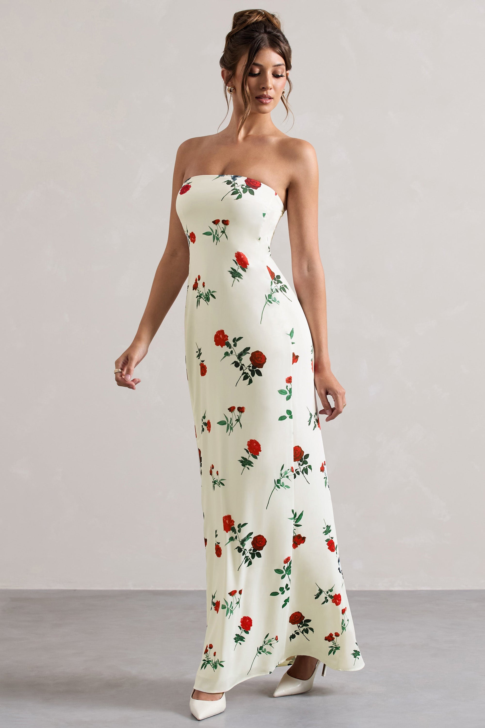 Azra | Rosenprint-Satin-Bandeau-Maxikleid