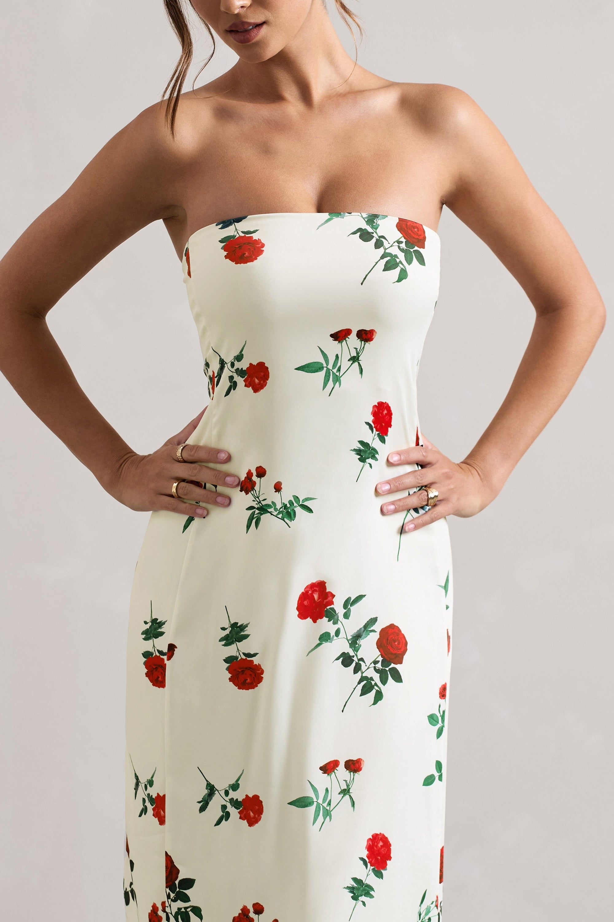 Azra | Rosenprint-Satin-Bandeau-Maxikleid