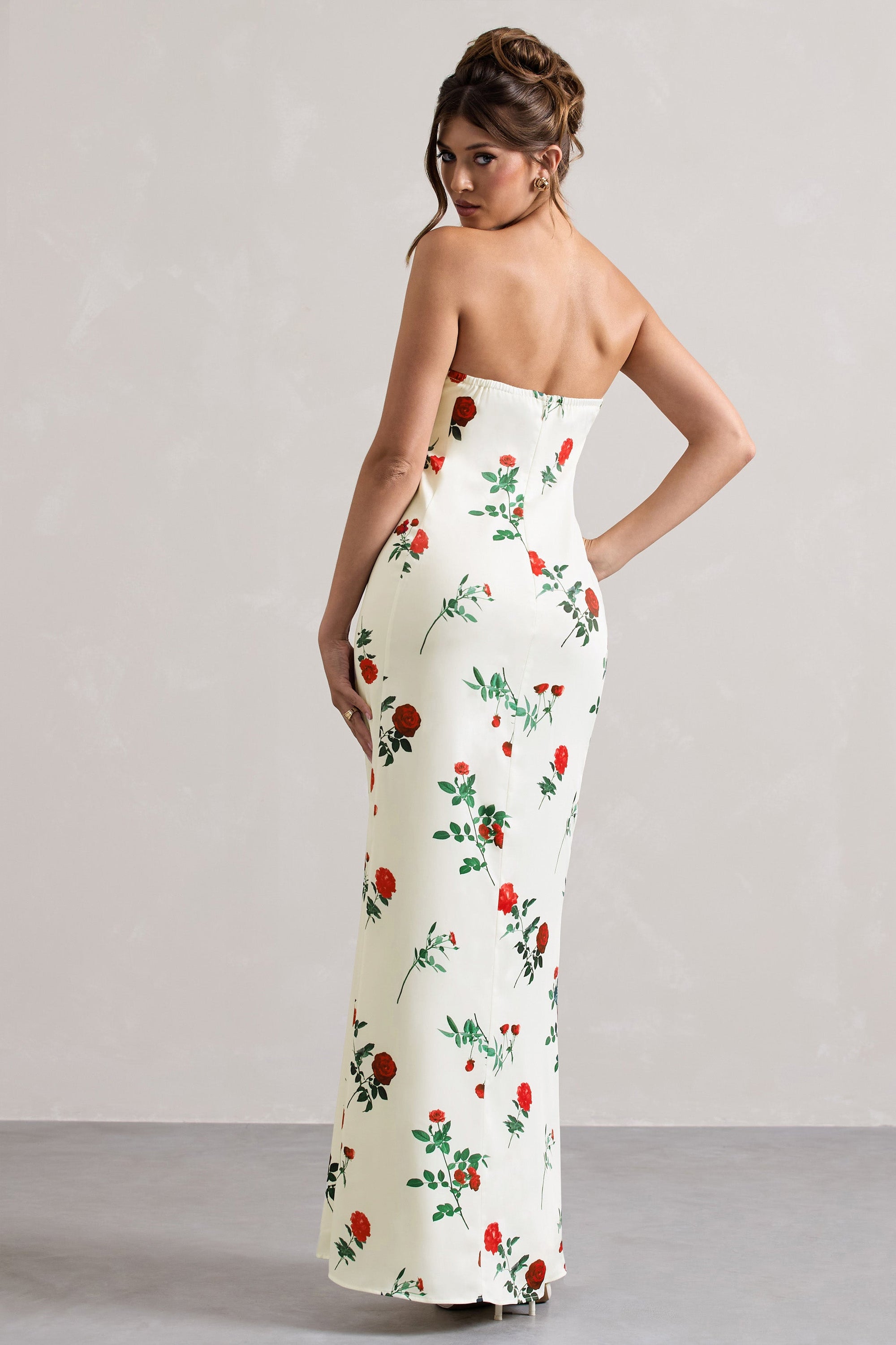 Azra | Rosenprint-Satin-Bandeau-Maxikleid