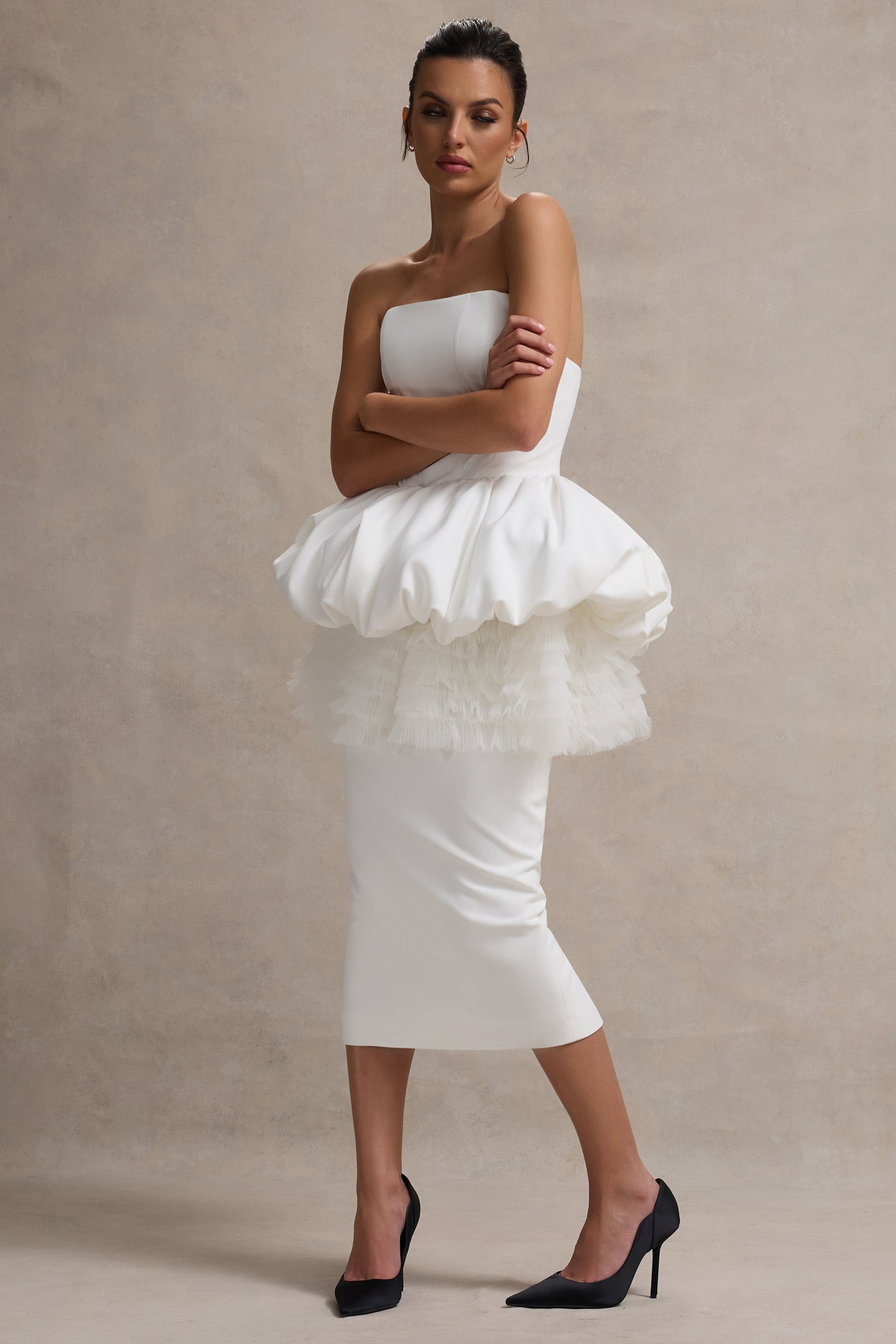Jones | Weißes schulterfreies Midikleid mit Tüll-Peplum-Taille