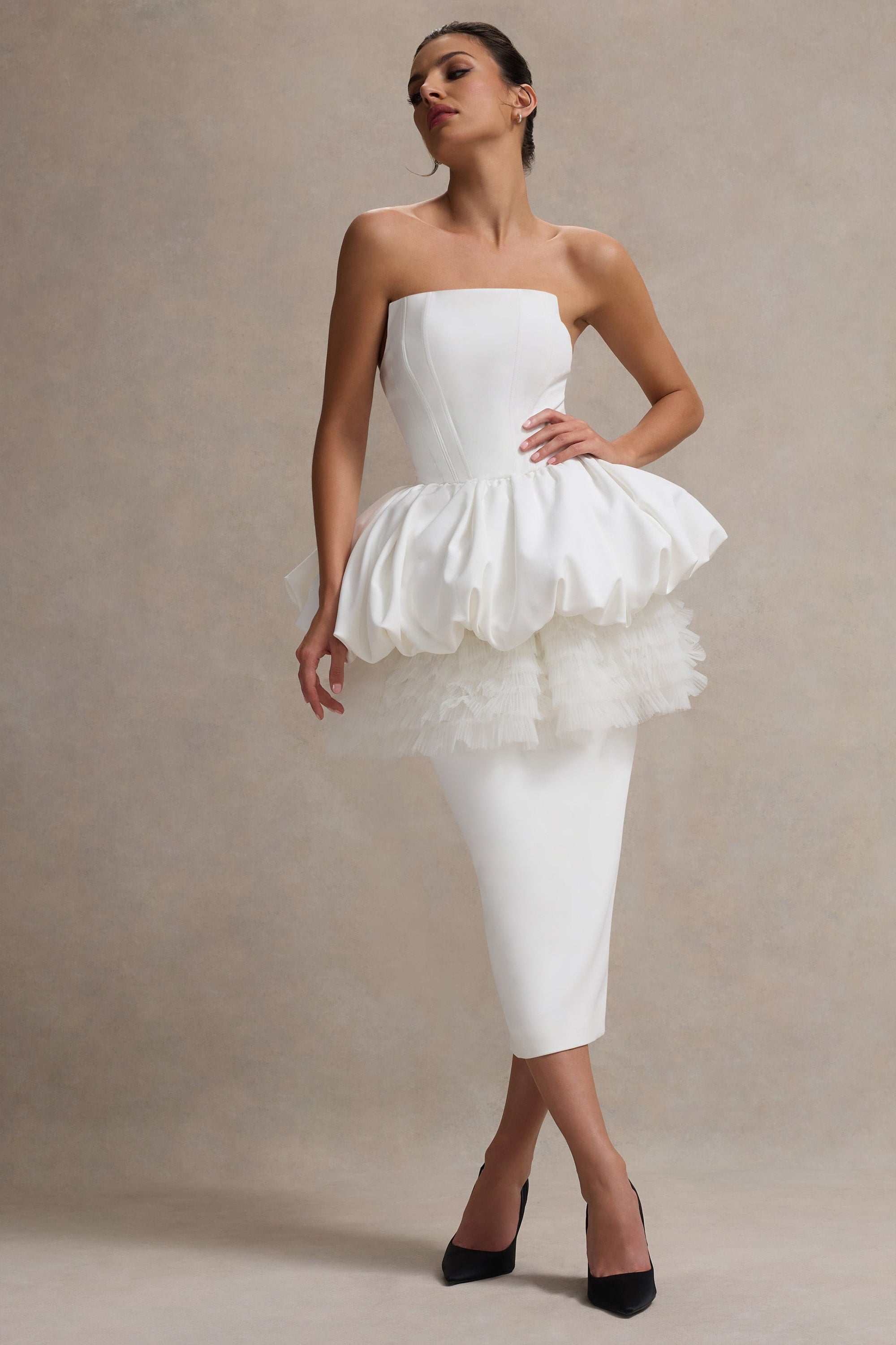 Jones | Weißes schulterfreies Midikleid mit Tüll-Peplum-Taille