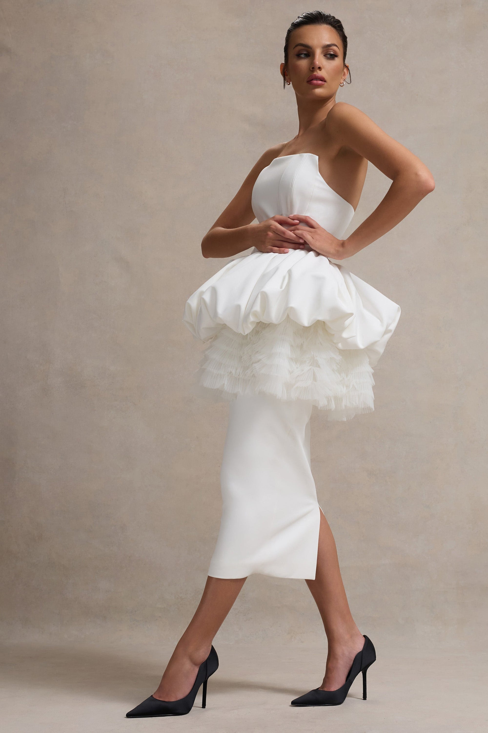 Jones | Weißes schulterfreies Midikleid mit Tüll-Peplum-Taille