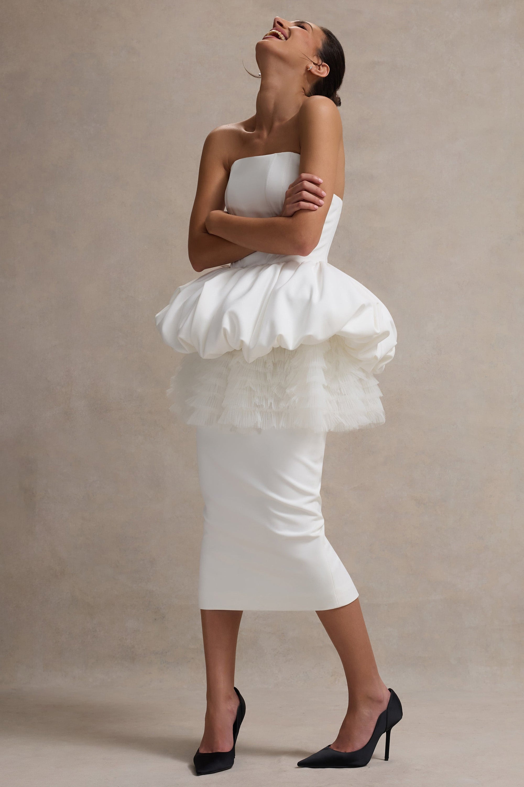 Jones | Weißes schulterfreies Midikleid mit Tüll-Peplum-Taille