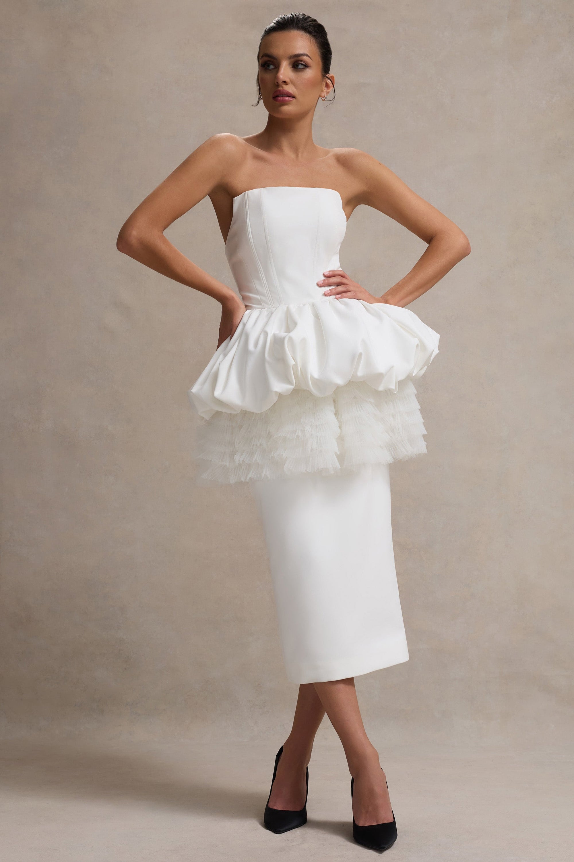 Jones | Weißes schulterfreies Midikleid mit Tüll-Peplum-Taille