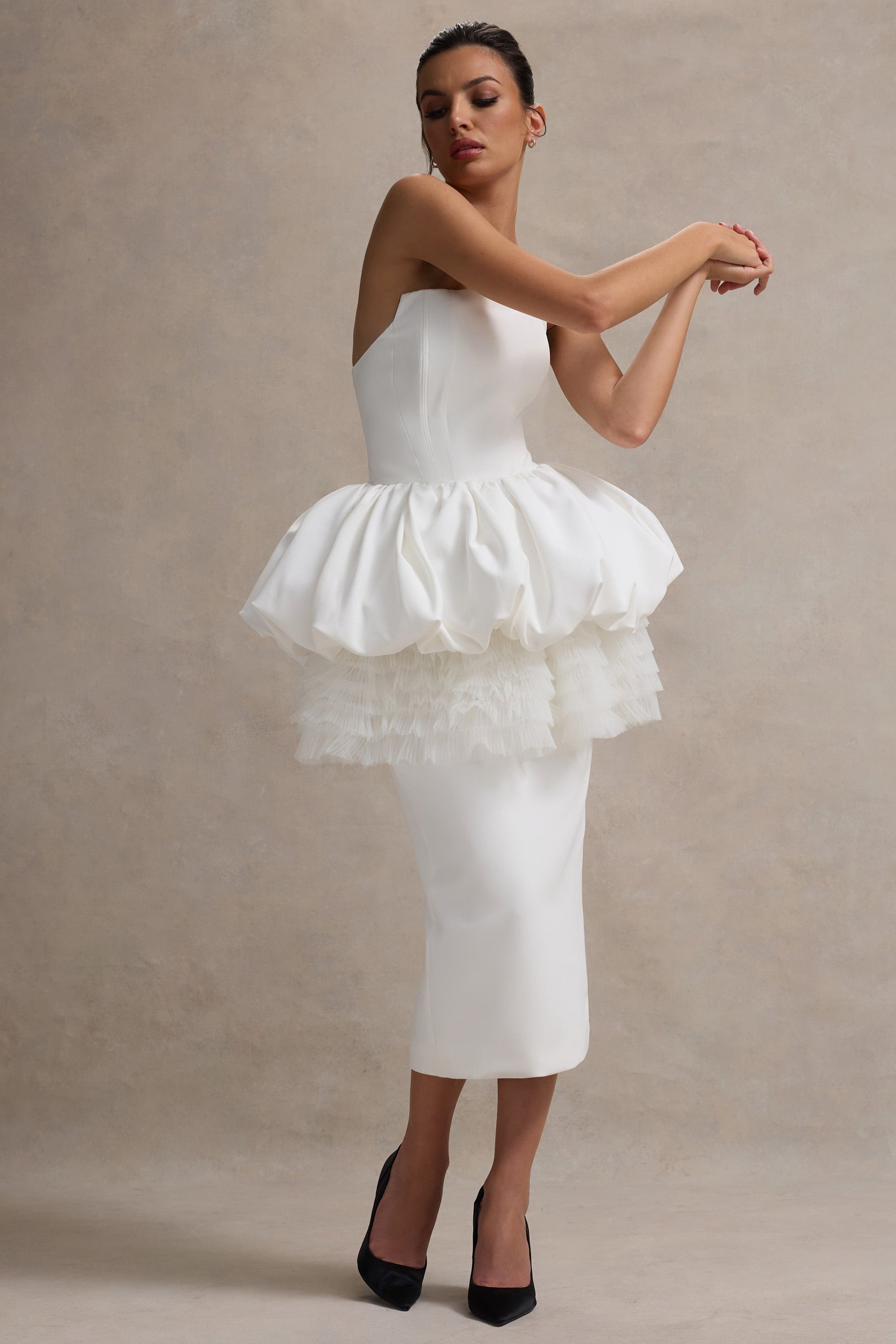 Jones | Weißes schulterfreies Midikleid mit Tüll-Peplum-Taille