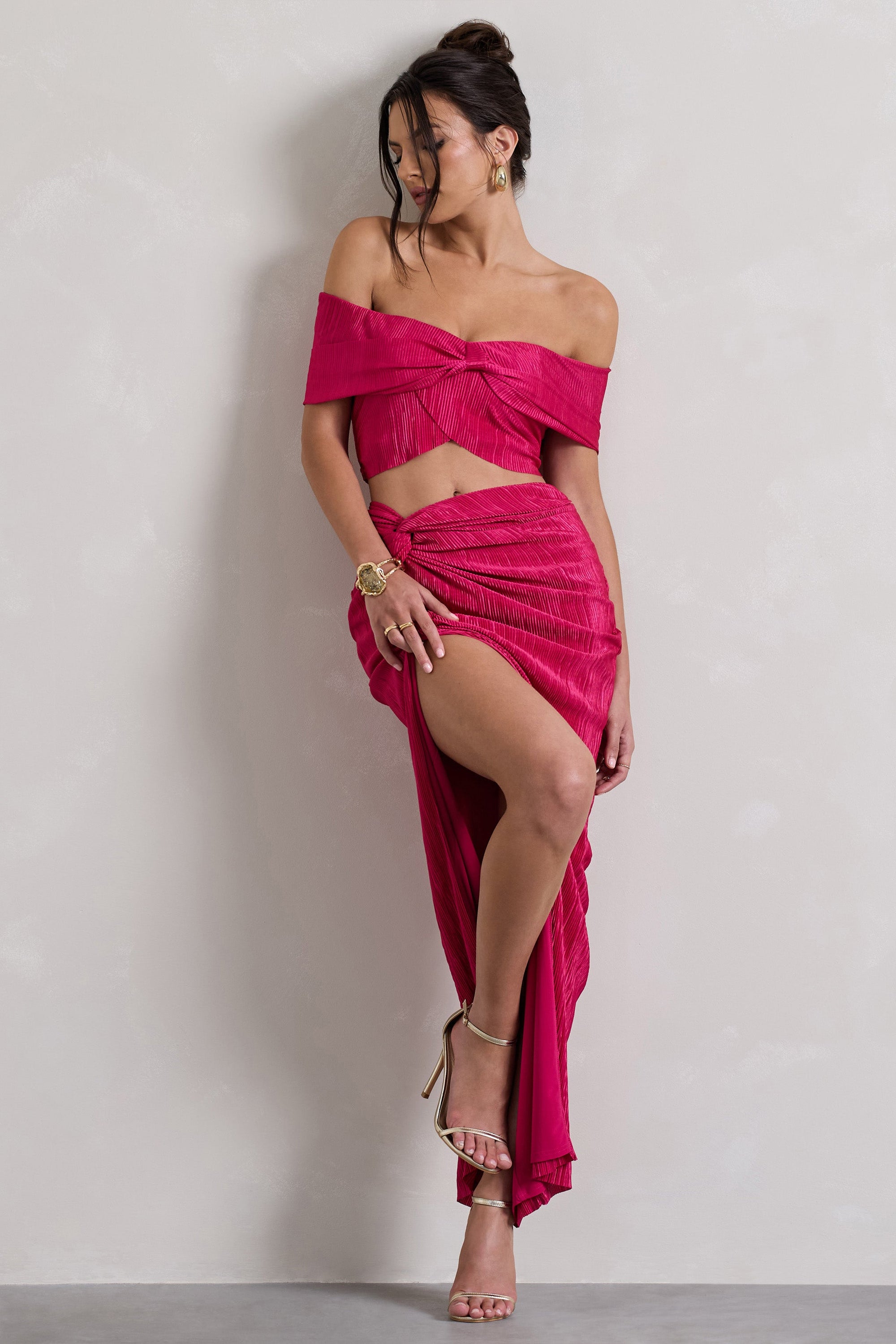 Calida | Rosa Plissee Maxirock mit Knotendetail und Schlitz