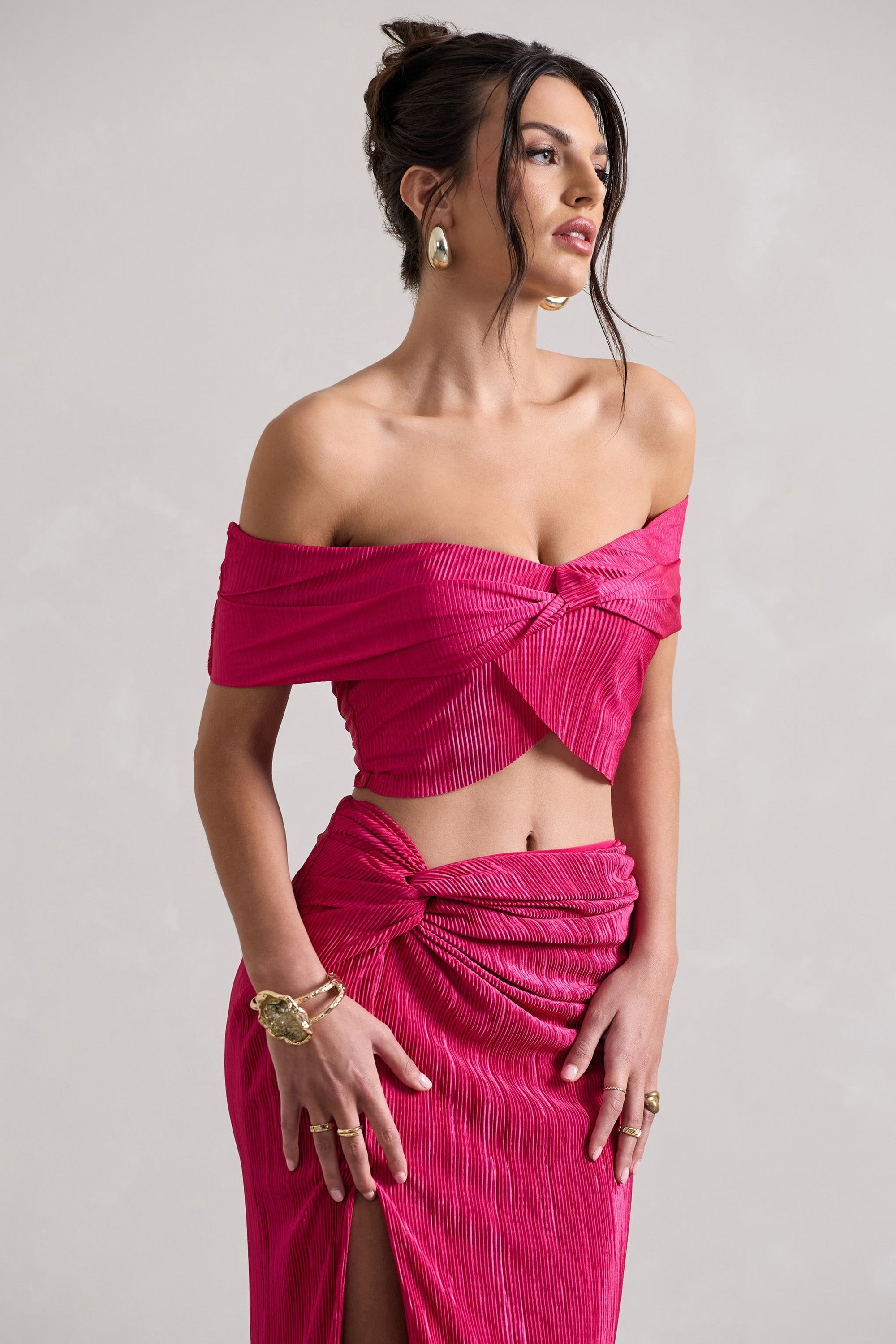 Seara | Rosa Plissee Crop-Top mit gedrehtem Bardot-Ausschnitt