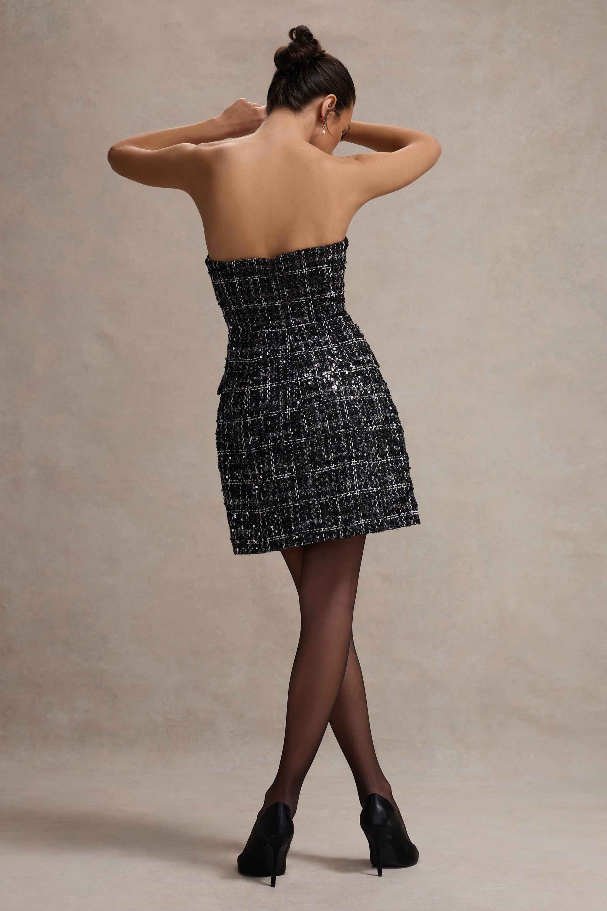 Park Avenue | Schwarzes, schulterfreies Bouclé-Tailliertes Minikleid