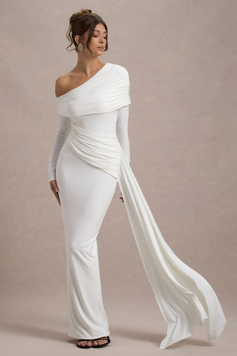 Valina | Weißes asymmetrisches Maxikleid mit Raffung und Drapierung