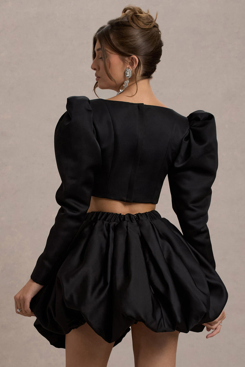 Eloisa | Schwarze Satinjacke mit Puffärmeln und kurzem Schnitt