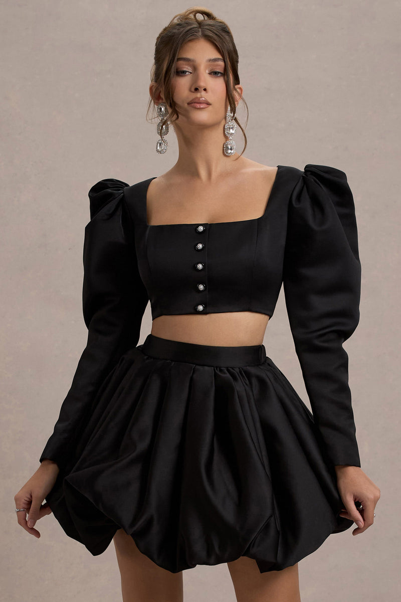 Eloisa | Schwarze Satinjacke mit Puffärmeln und kurzem Schnitt