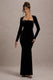 Morana | Schwarzes Samt-Maxikleid mit quadratischem Ausschnitt und langen Ärmeln