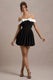 Minimoiselle | Schwarz-weißes Bardot-Minikleid mit Schleife und Puffball-Rock