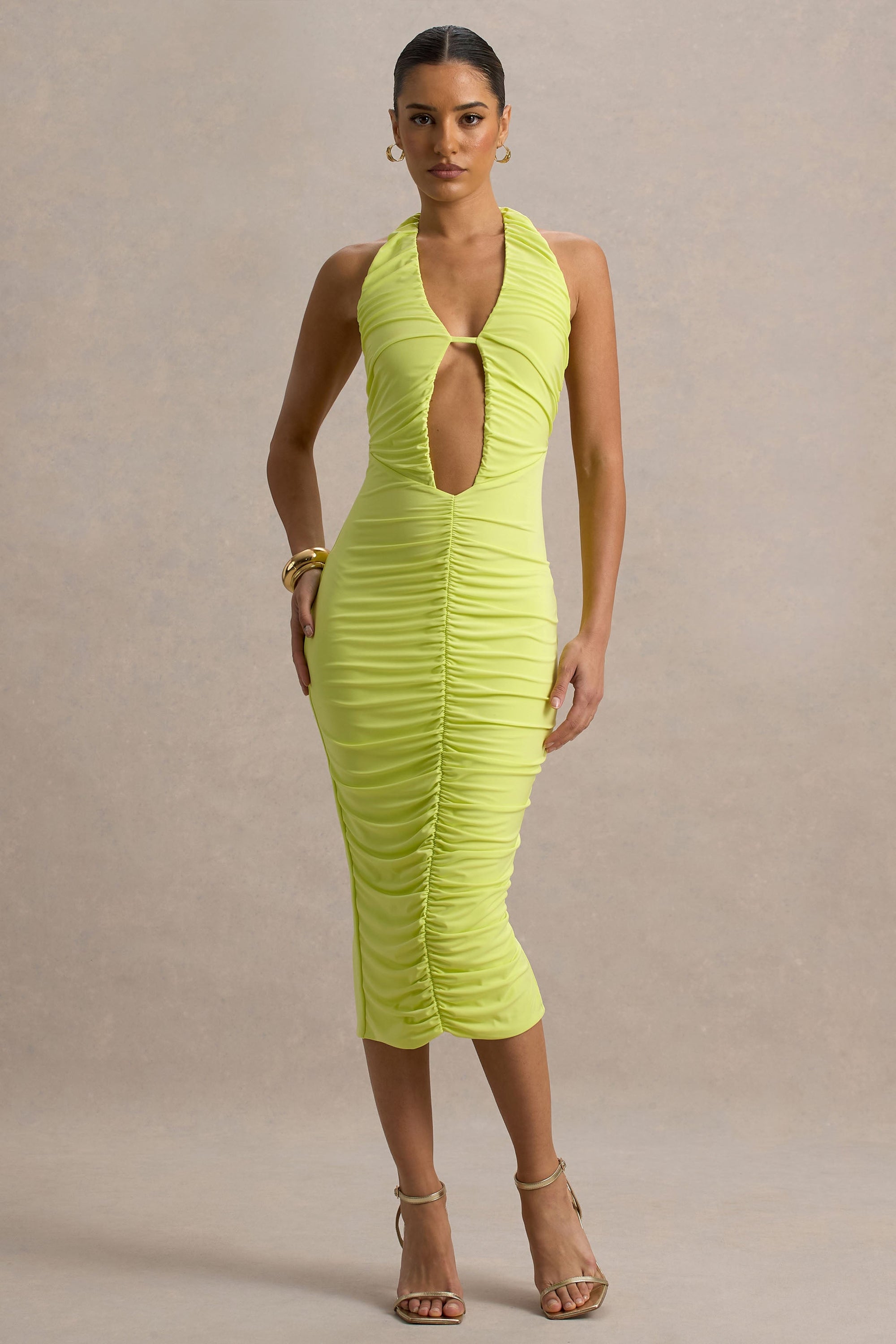 Anaisa | Limettengrünes Midikleid mit tiefem Halter-Ausschnitt