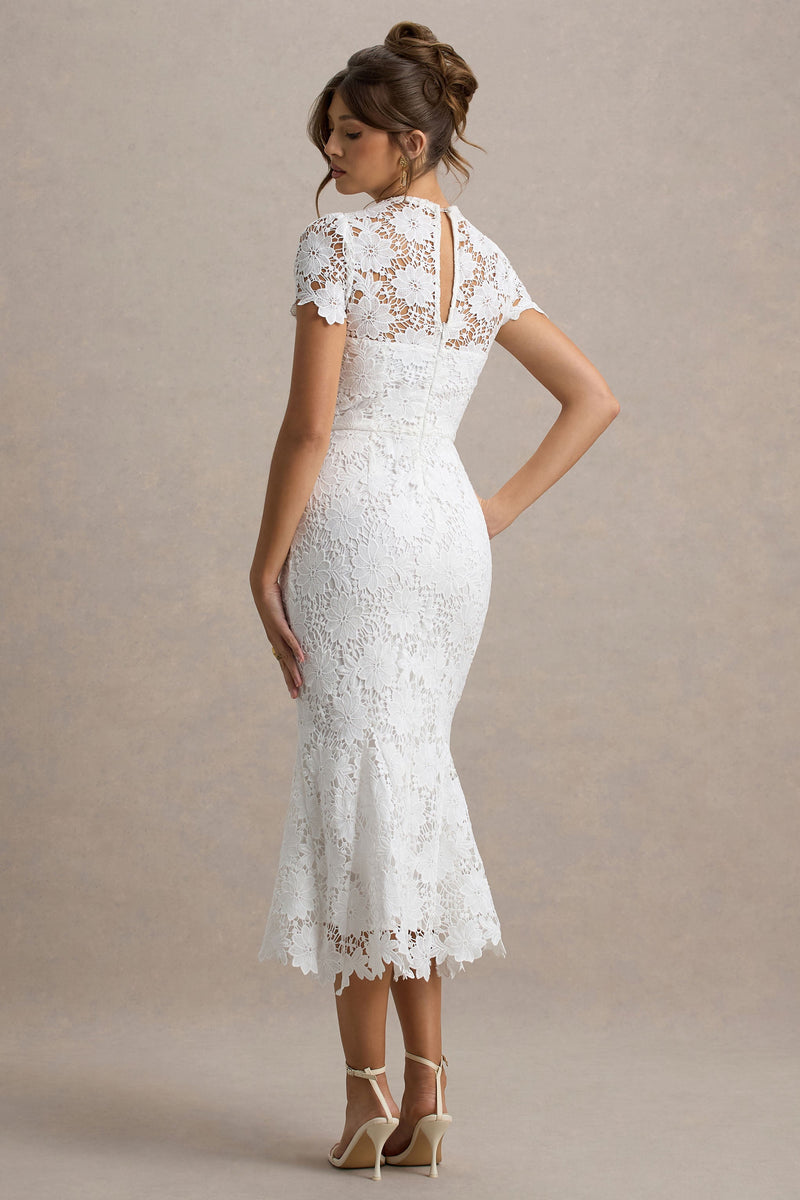 Clarissa | Weißes Midikleid aus Spitze mit kurzen Ärmeln