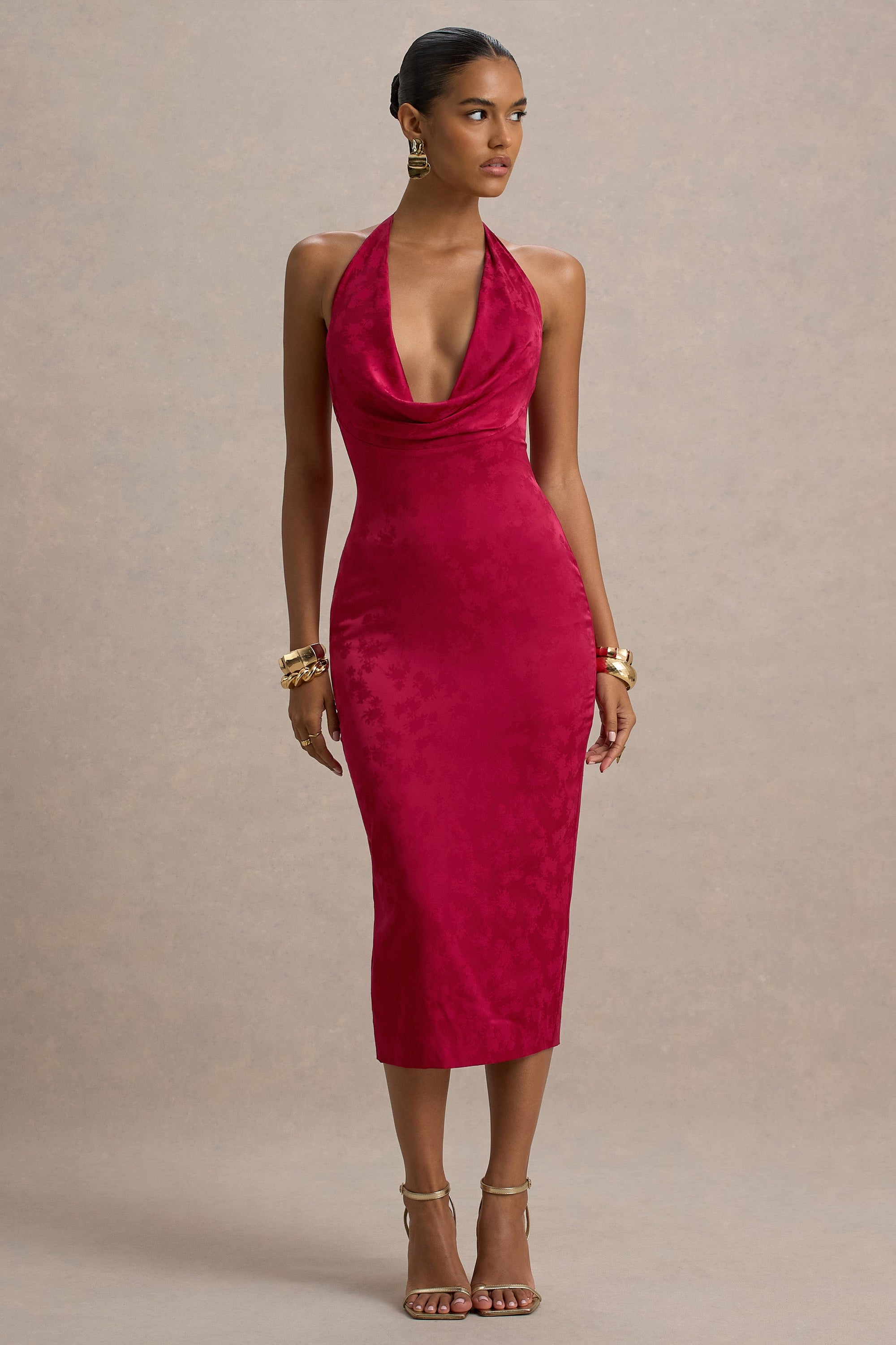Aine | Rotes Satin-Jacquard-Midikleid mit Wasserfallausschnitt