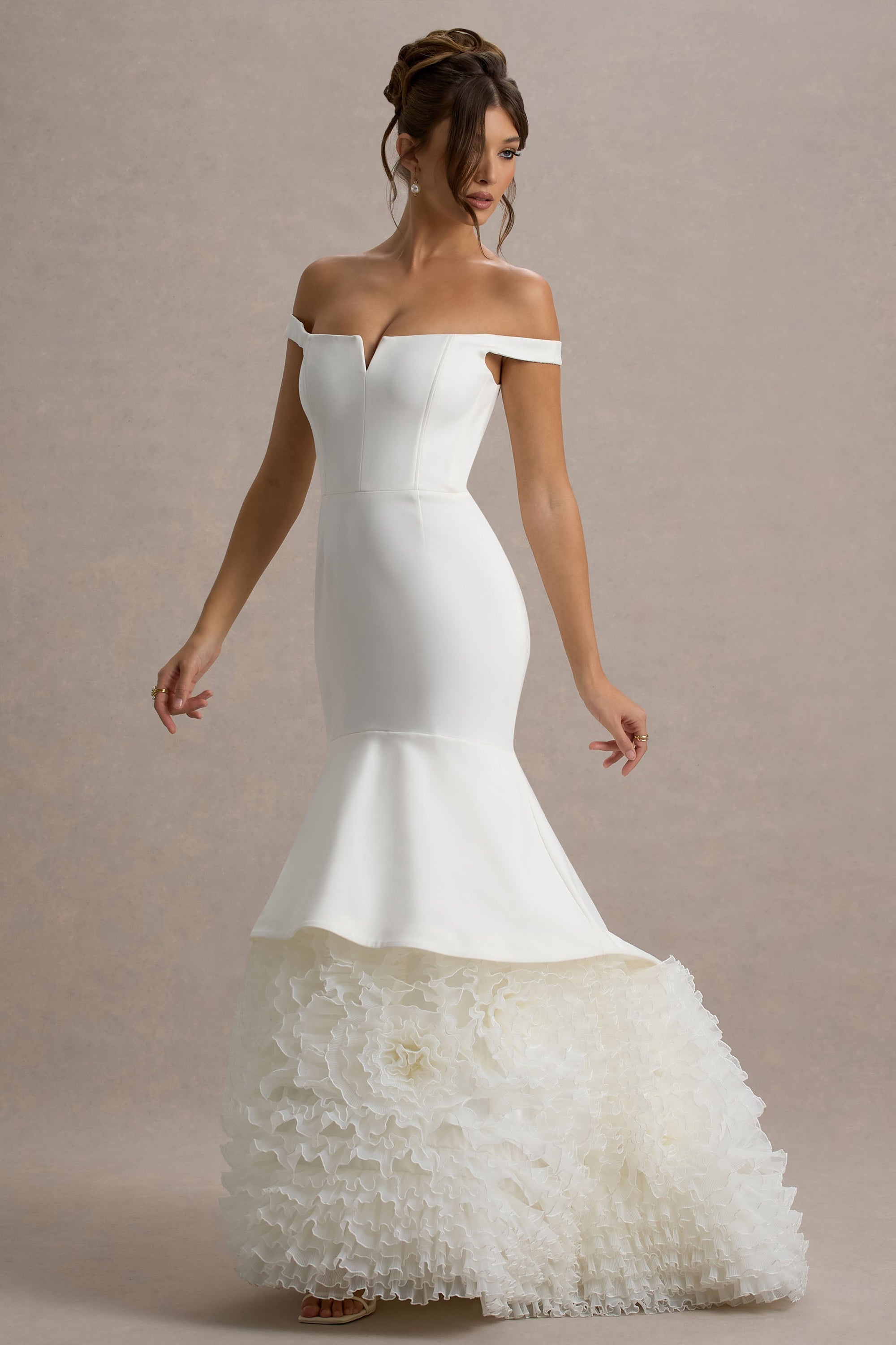 The Greatest | Weiße und cremefarbene Bardot-Maxikleid mit Tüllrock