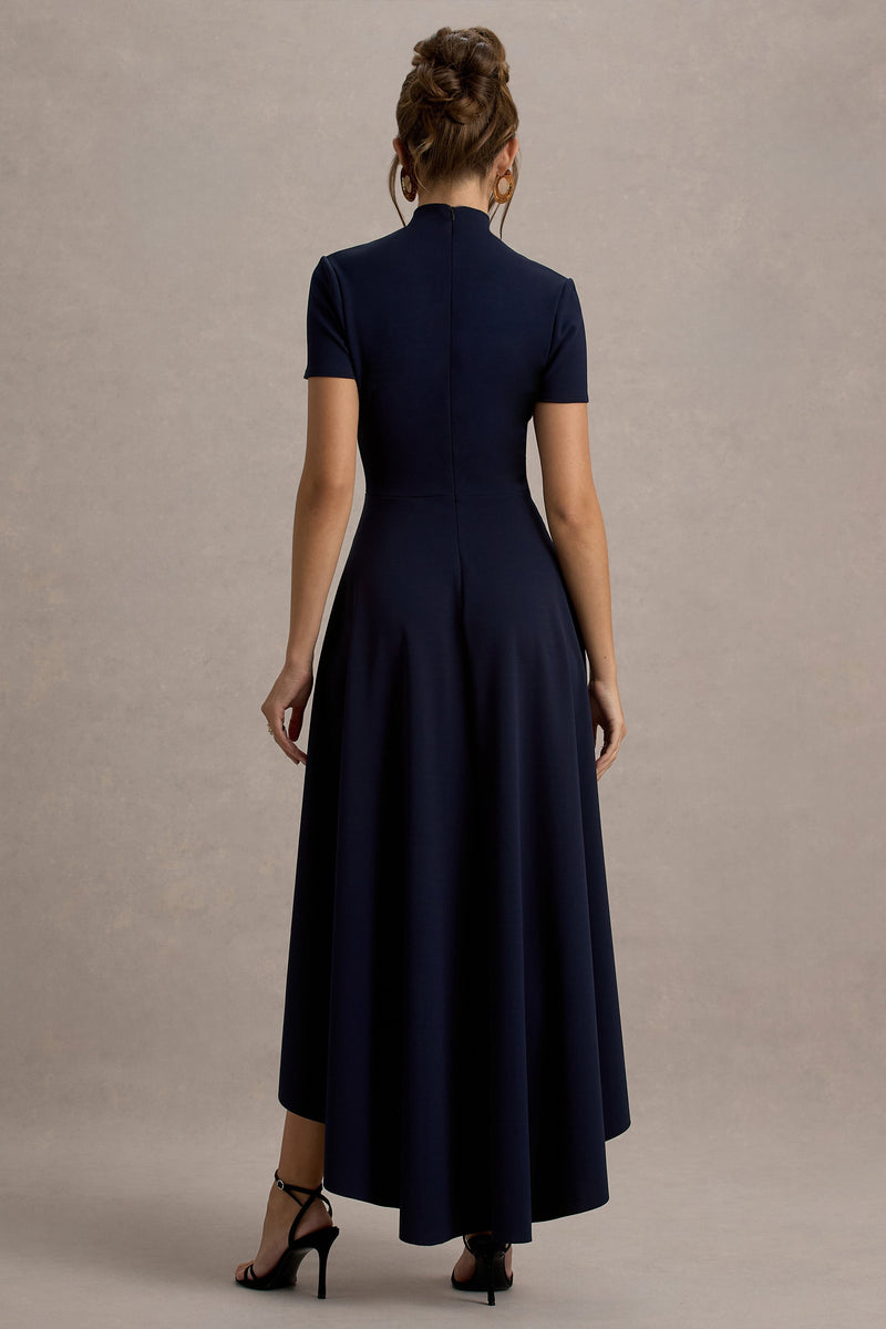 Bellona | Marineblaues Midikleid mit hohem Ausschnitt und High-Low-Saum