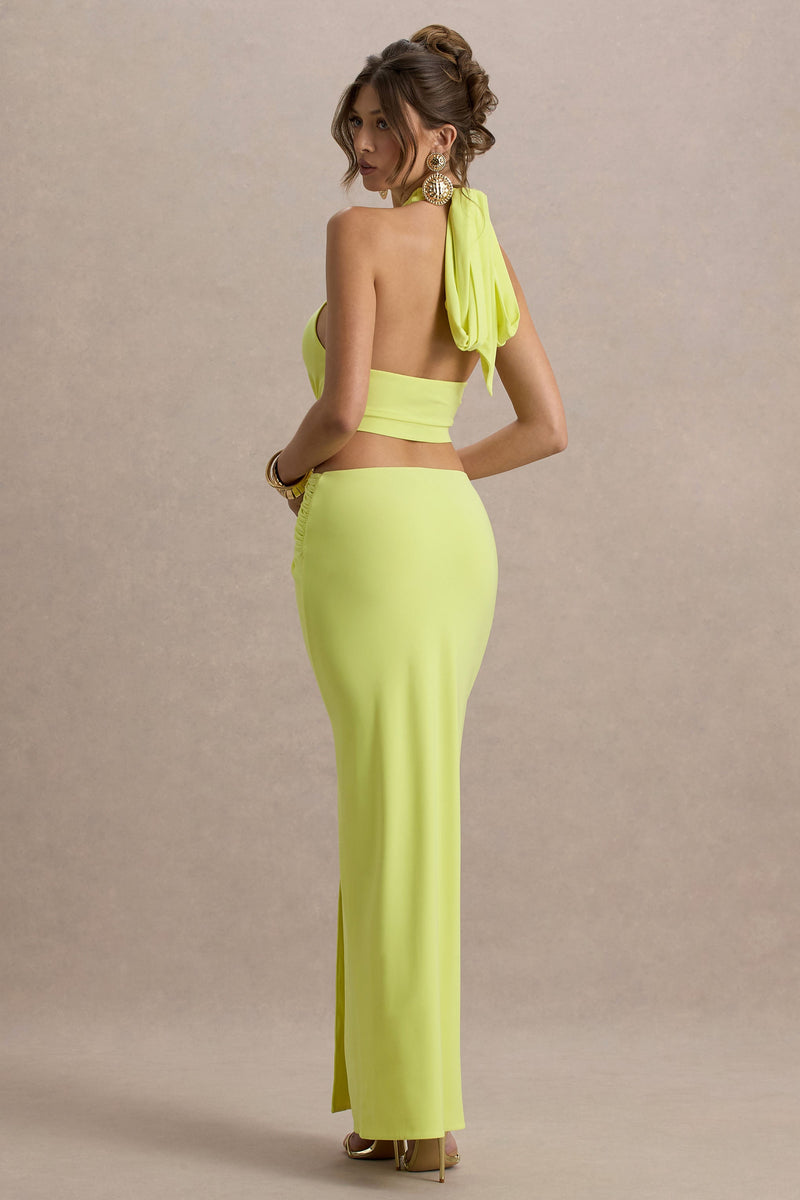 Aura | Limettengrünes Neckholder-Maxikleid mit Cut-Out und Schlitz
