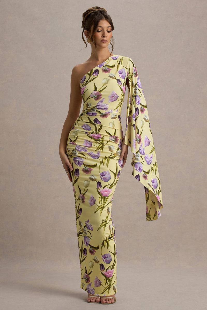 Clementina | Maxikleid mit Tulpen-Blumendruck und asymmetrischem Cape-Ärmel