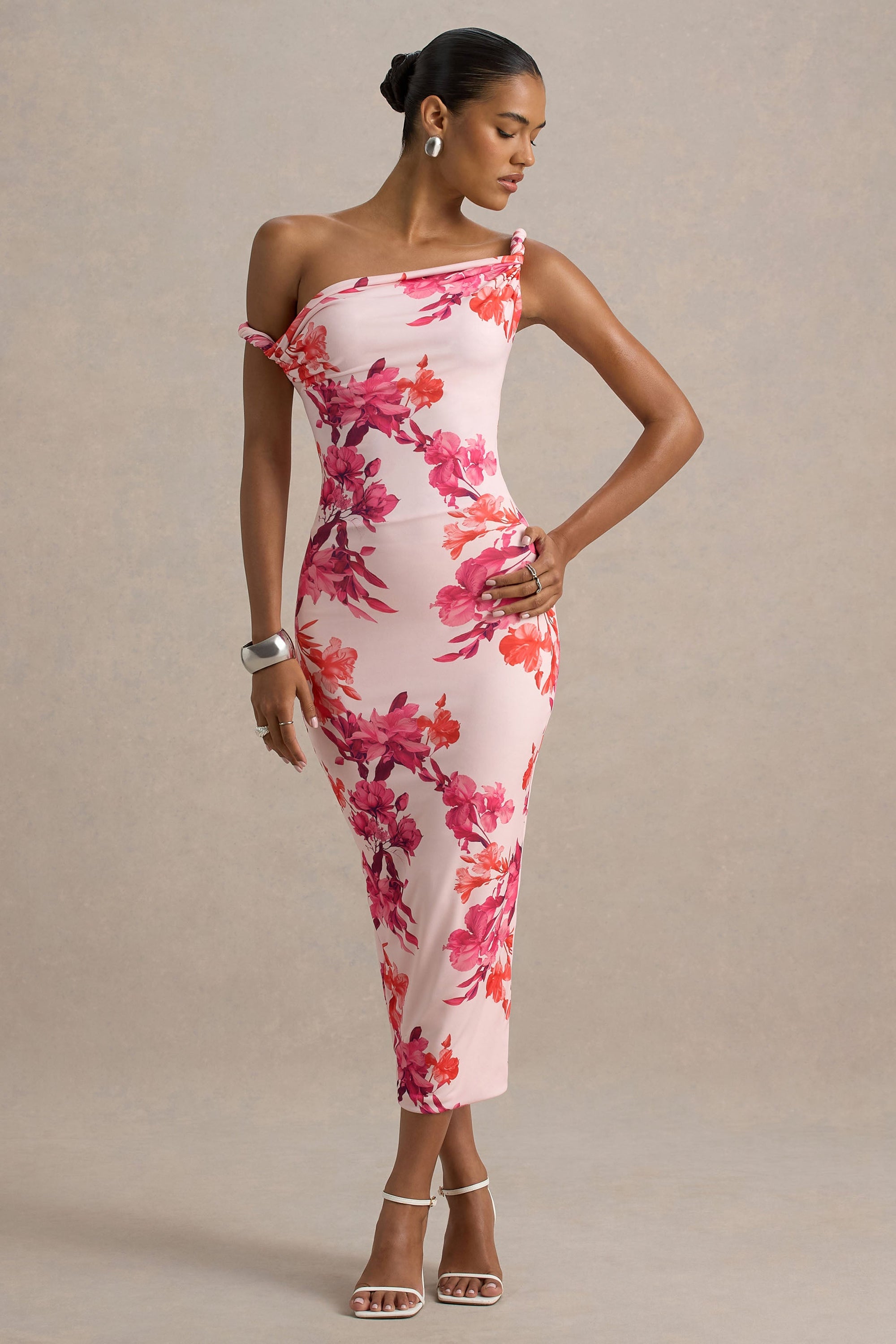 Tatian | Rosa und orangefarbenes Midikleid mit asymmetrischem Twist-Design und Blumenmuster
