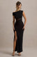Emily | Schwarzes asymmetrisches Maxikleid mit Schlitz und Mesh-Details