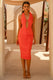 Anaisa | Orangefarbenes Midikleid mit tiefem Halter-Ausschnitt
