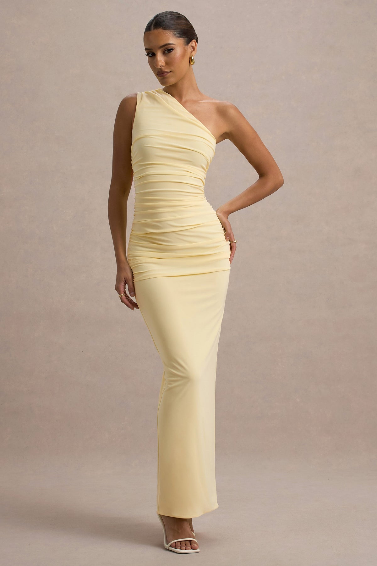 Dalarie | Helles Zitronenfarbenes One-Shoulder-Gerafftes Maxikleid