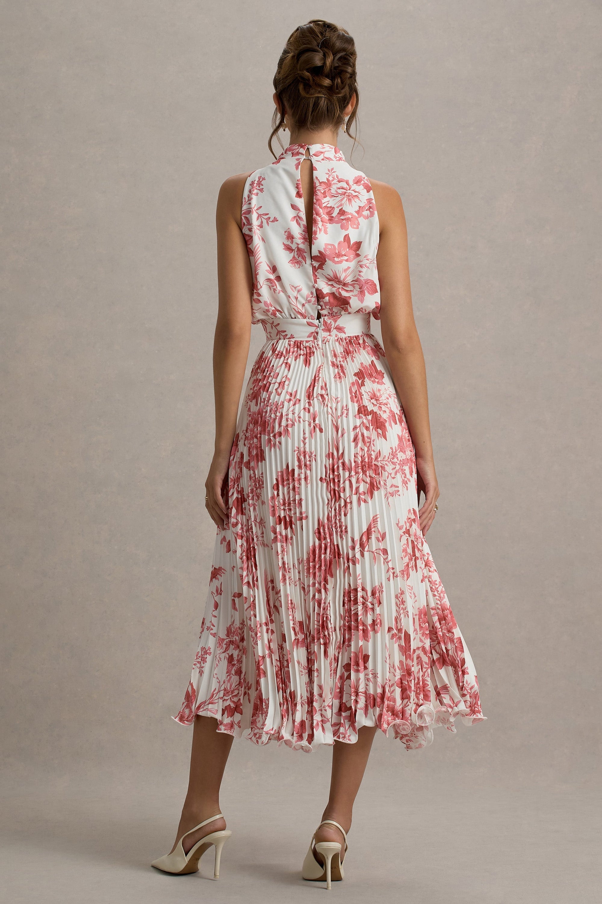 Nila | Rosa Midikleid mit Porzellanprint, Wasserfallausschnitt und plissiertem Rock