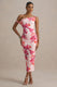 Tatian | Rosa und orangefarbenes Midikleid mit asymmetrischem Twist-Design und Blumenmuster