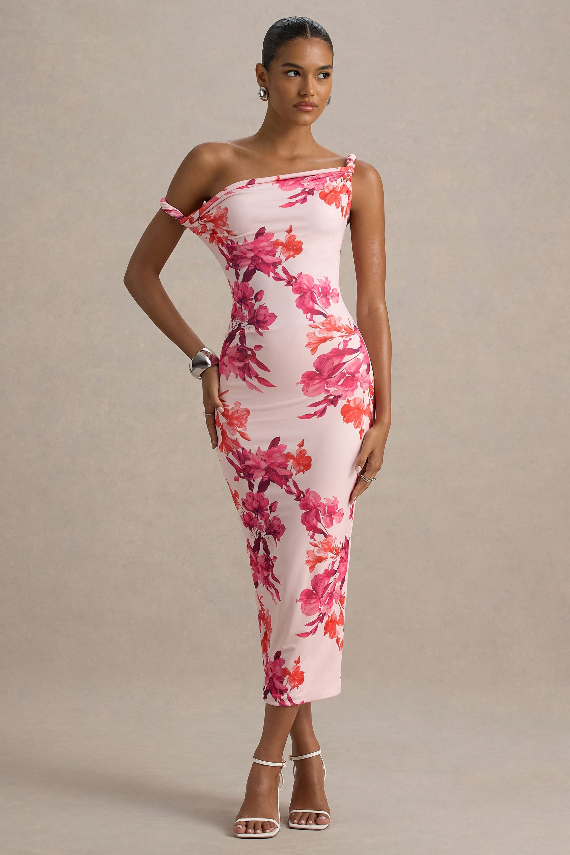 Tatian | Rosa und orangefarbenes Midikleid mit asymmetrischem Twist-Design und Blumenmuster