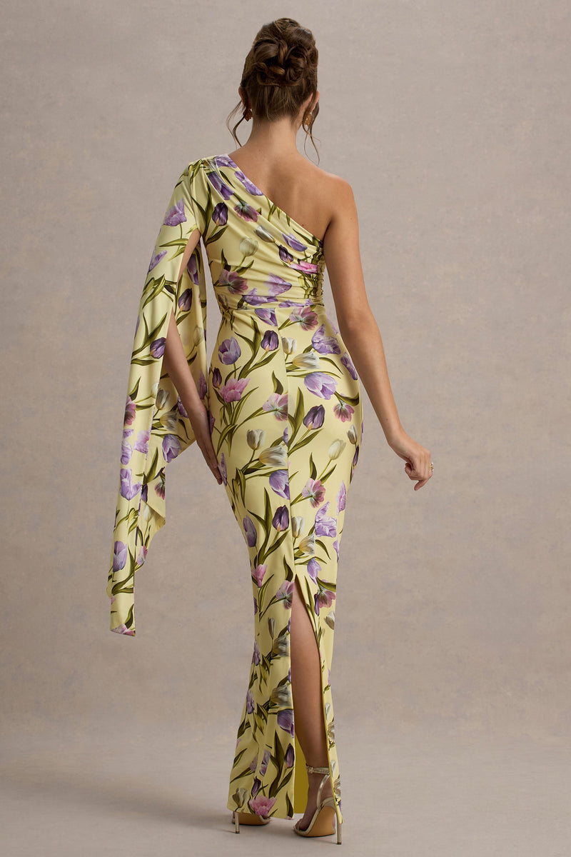 Clementina | Maxikleid mit Tulpen-Blumendruck und asymmetrischem Cape-Ärmel
