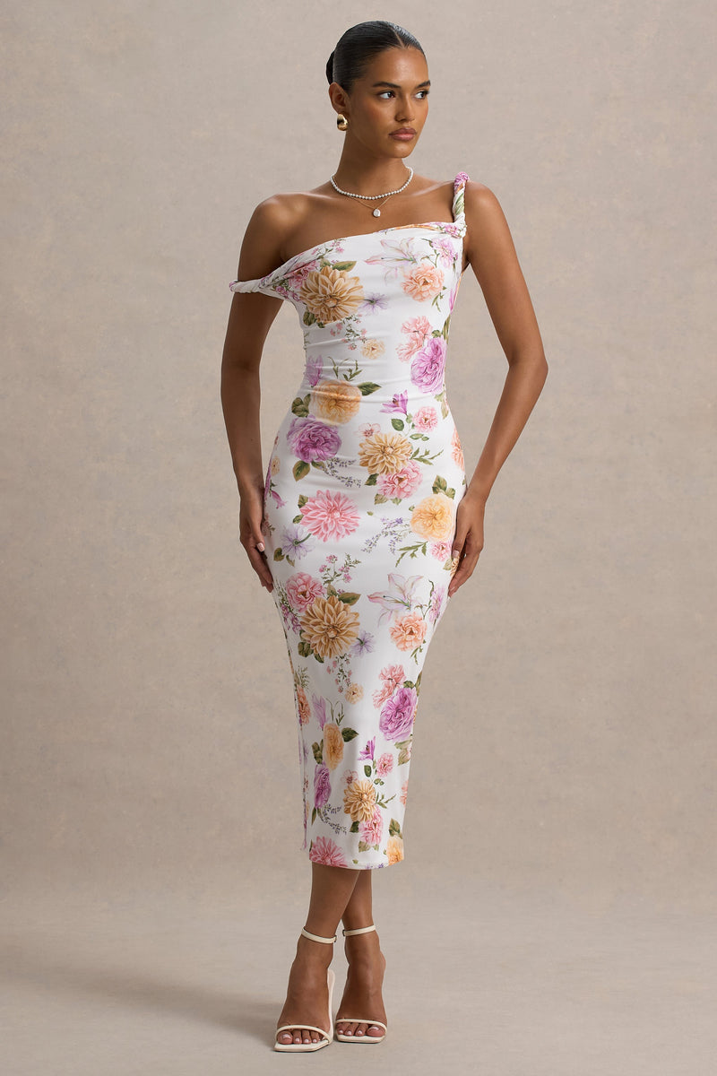 Nora | Pfirsich- und fliederfarbenes Midikleid mit Blumenprint und asymmetrischem Ausschnitt