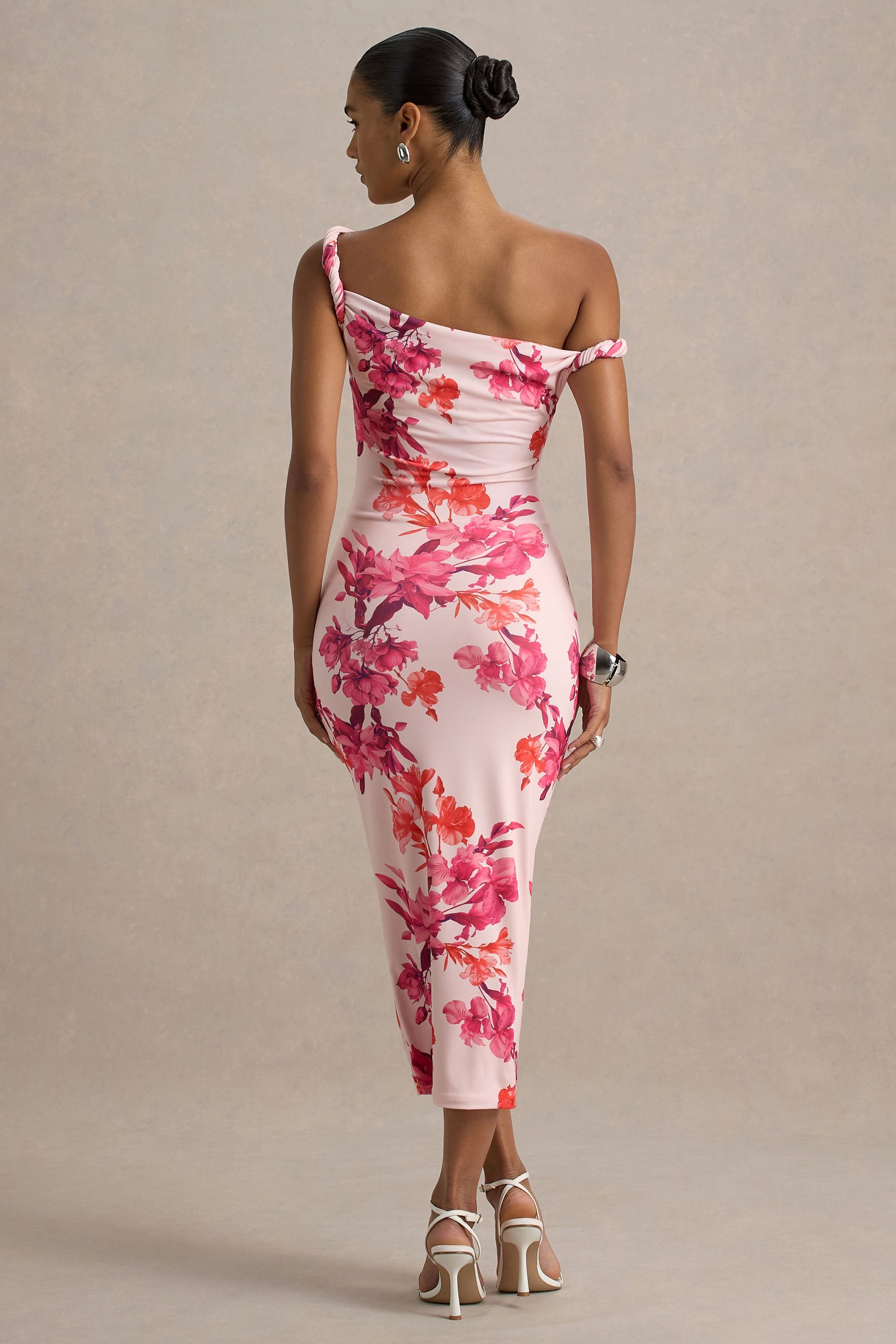 Tatian | Rosa und orangefarbenes Midikleid mit asymmetrischem Twist-Design und Blumenmuster