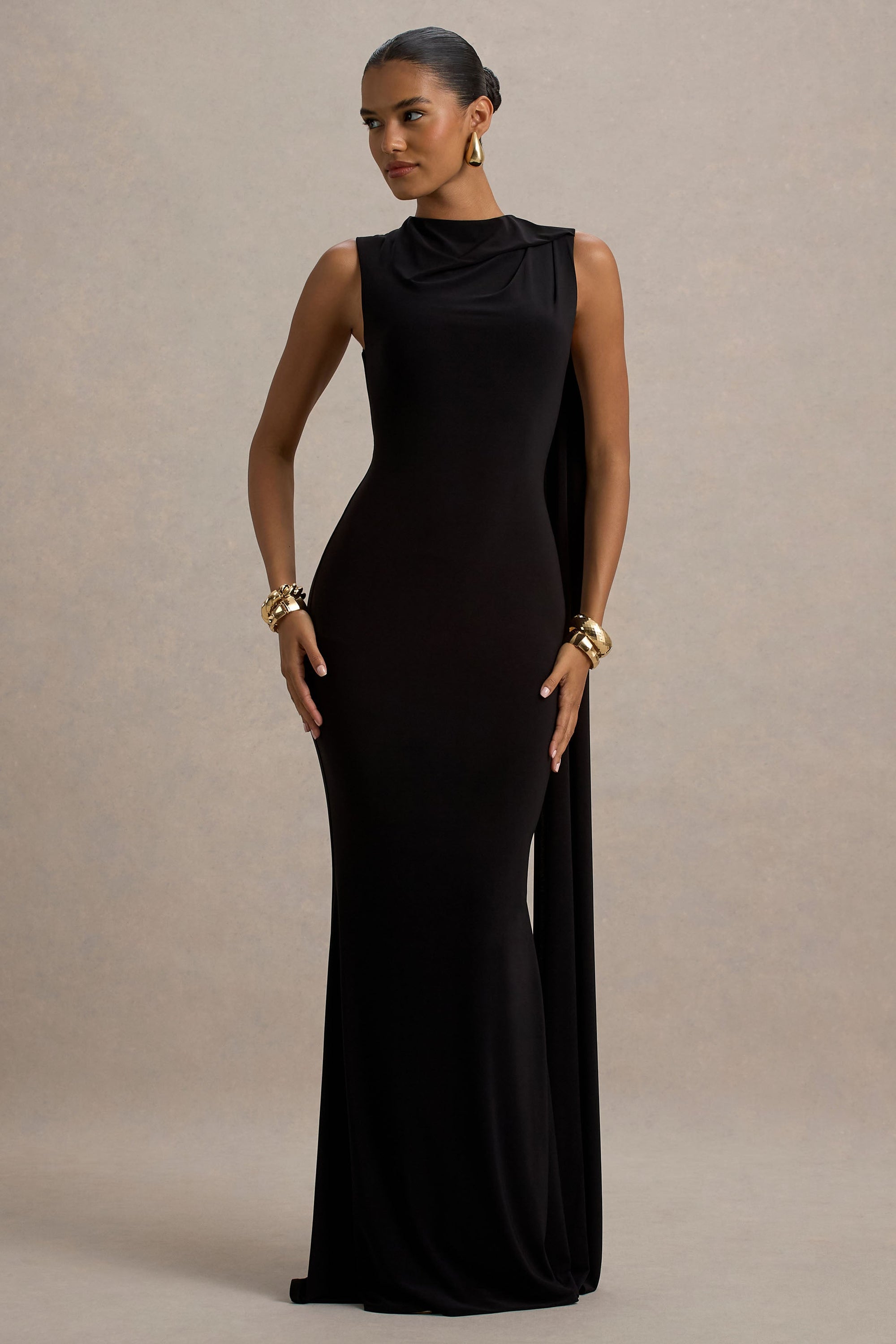 Mia | Schwarzes Maxikleid mit Bindegürtel