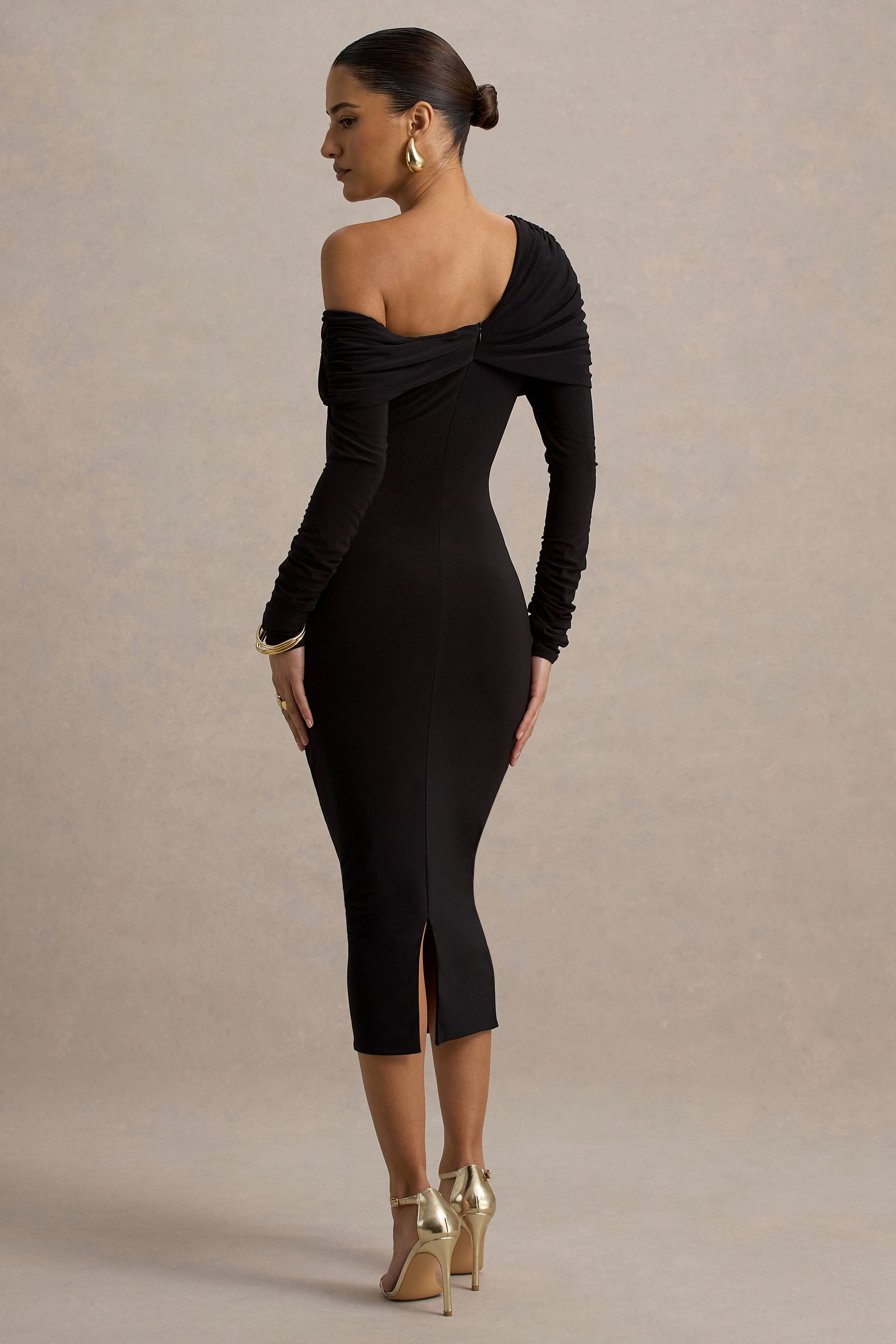 Cleo | Schwarzes Bodycon-Midikleid mit Mesh-Ärmeln