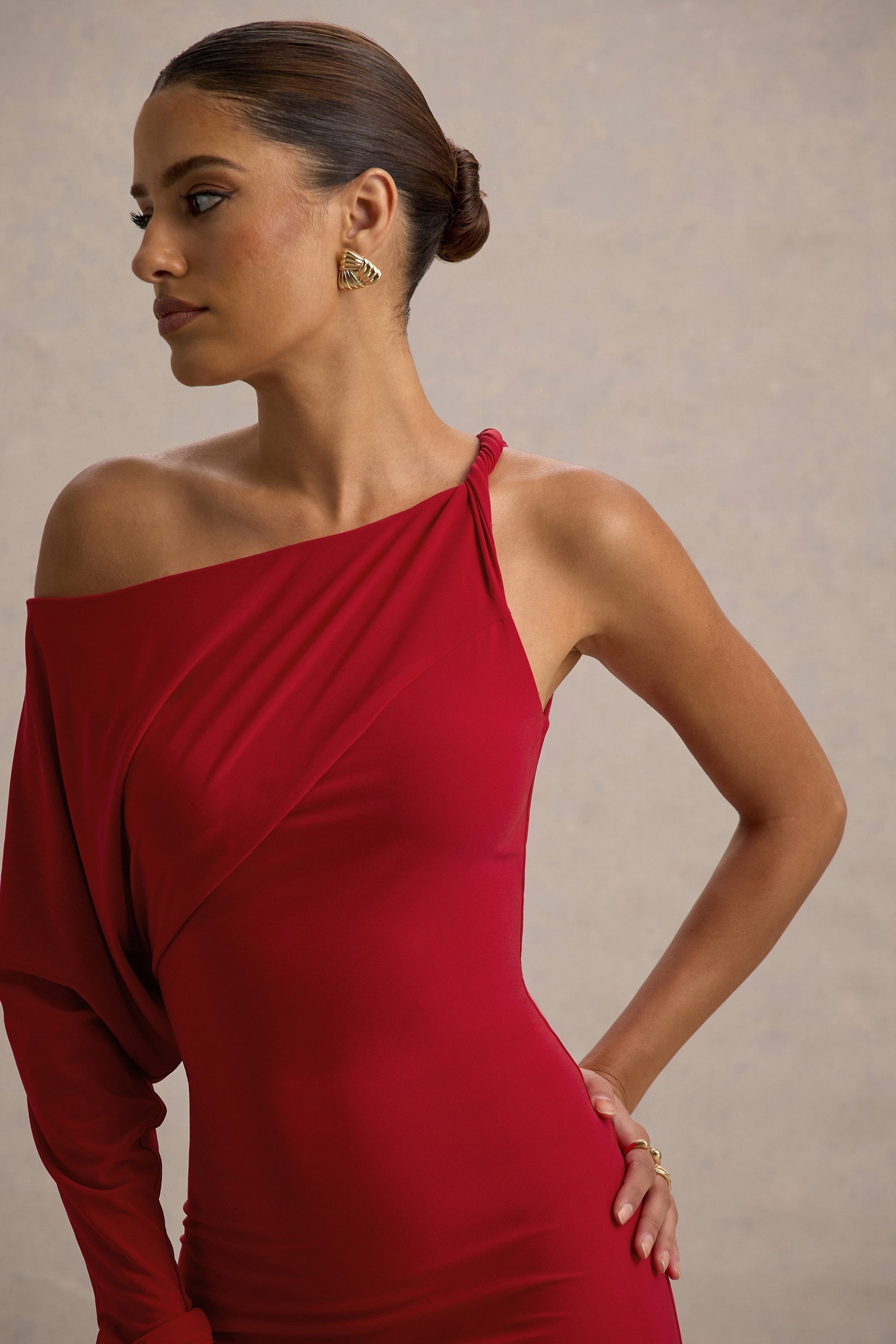 Floria | Rotes, drapiertes Ein-Schulter-Maxikleid