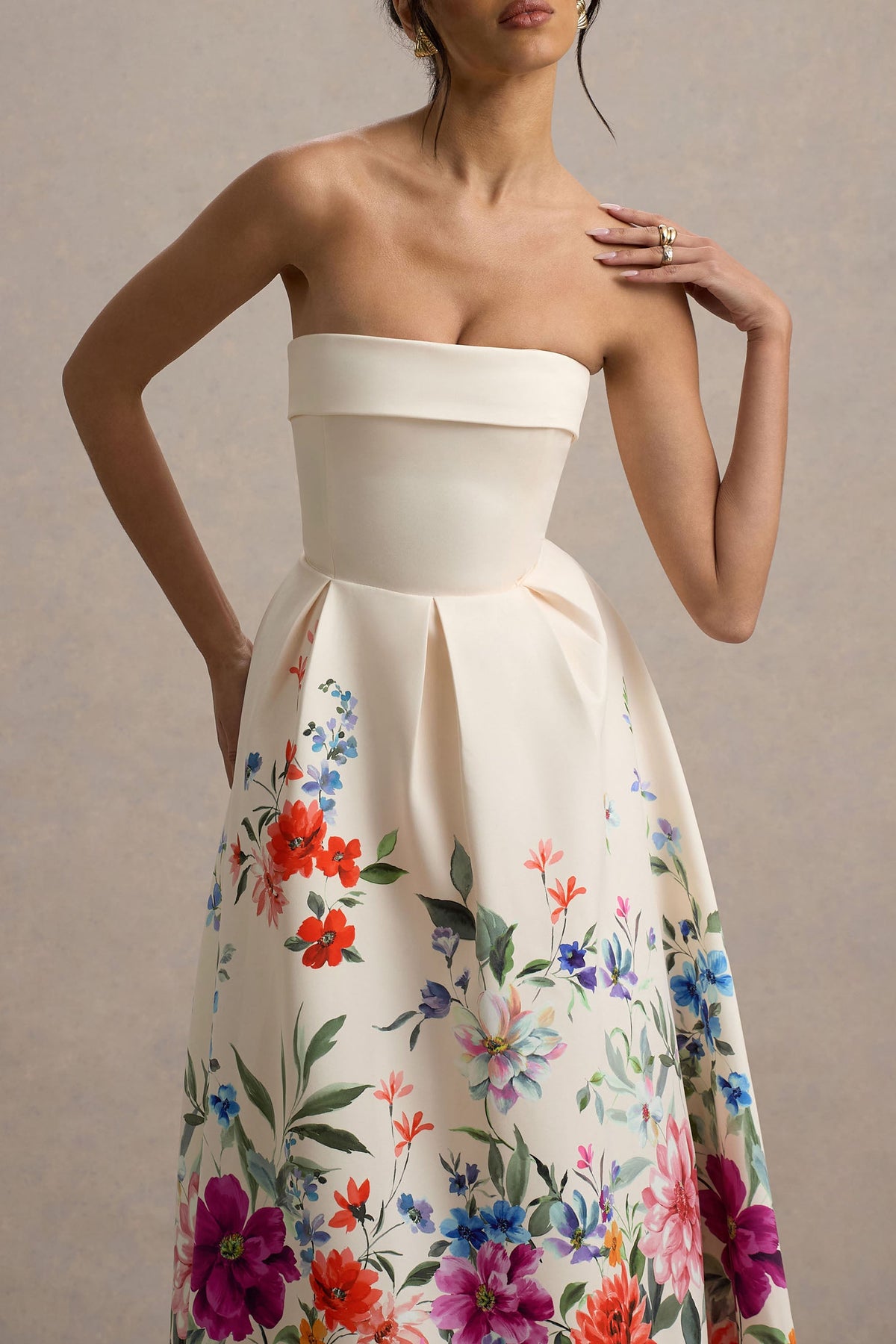 Annalise | Hellrosa Bandeau-Skater-Midikleid mit Blumenmuster