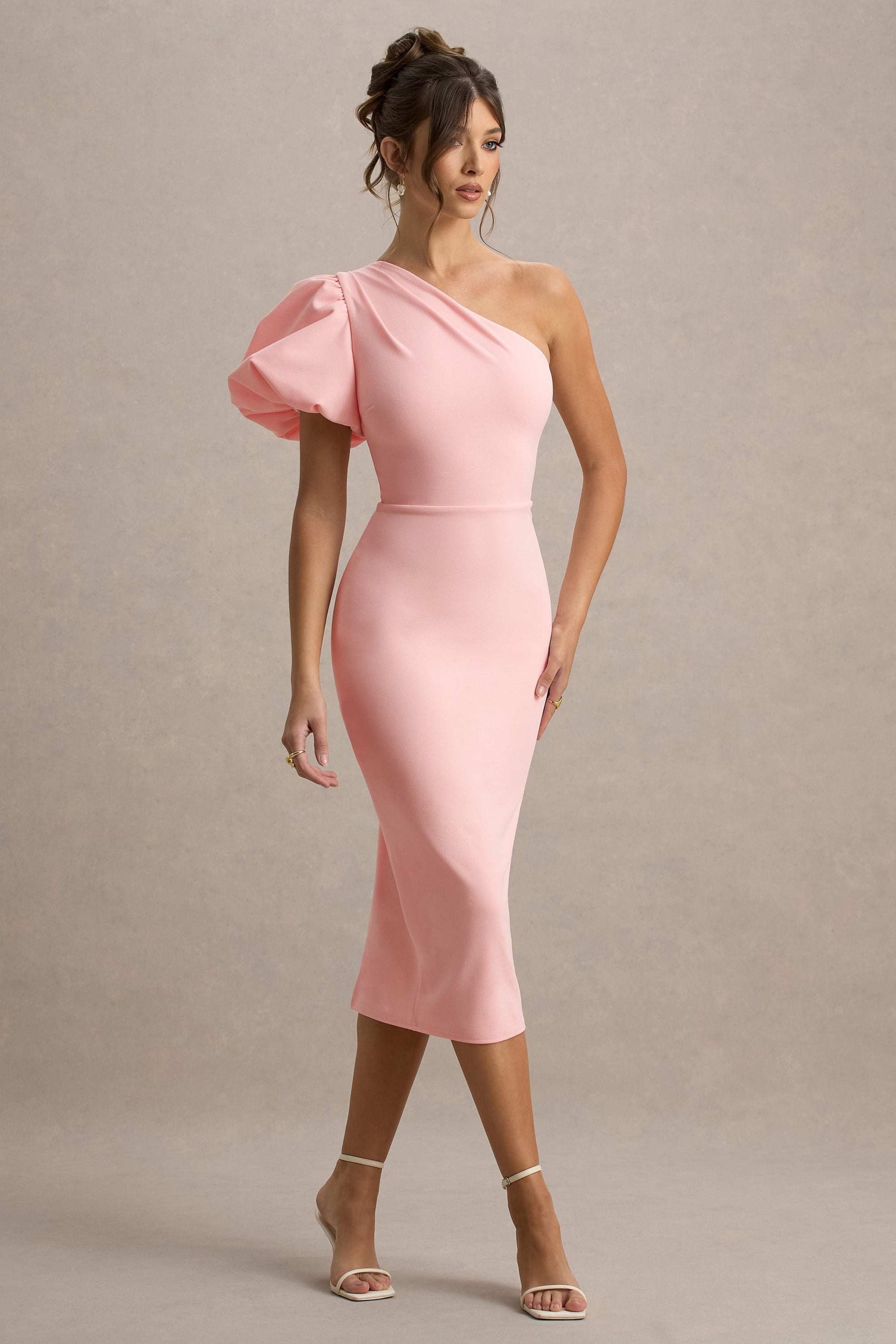 Aimee | Rosa asymmetrisches Midikleid mit Puffärmeln