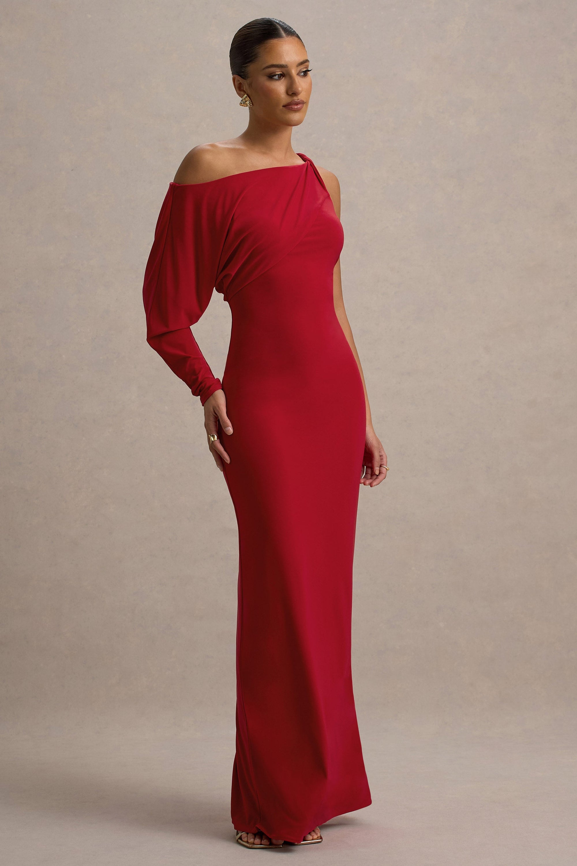 Floria | Rotes, drapiertes Ein-Schulter-Maxikleid