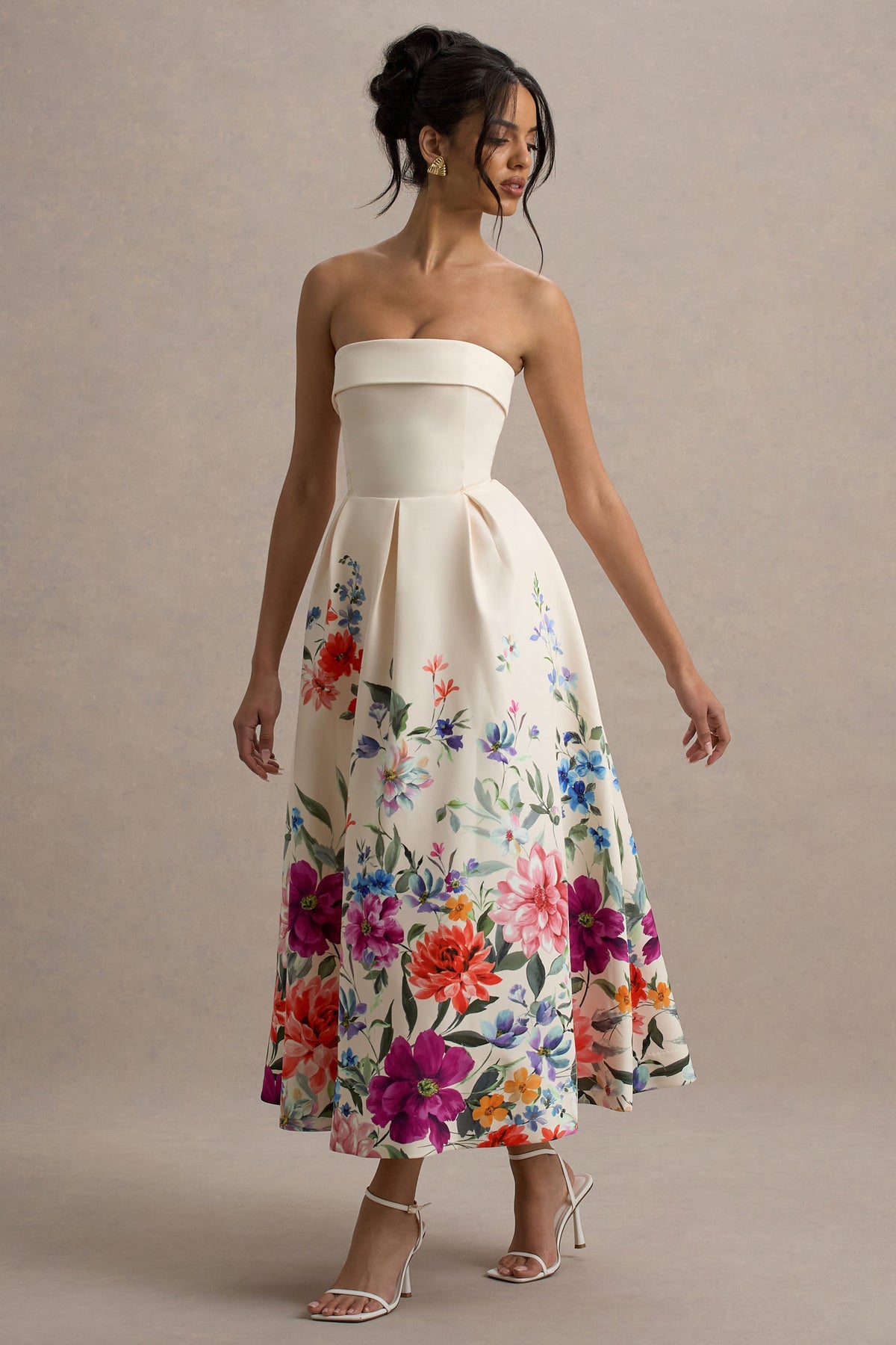 Annalise | Hellrosa Bandeau-Skater-Midikleid mit Blumenmuster