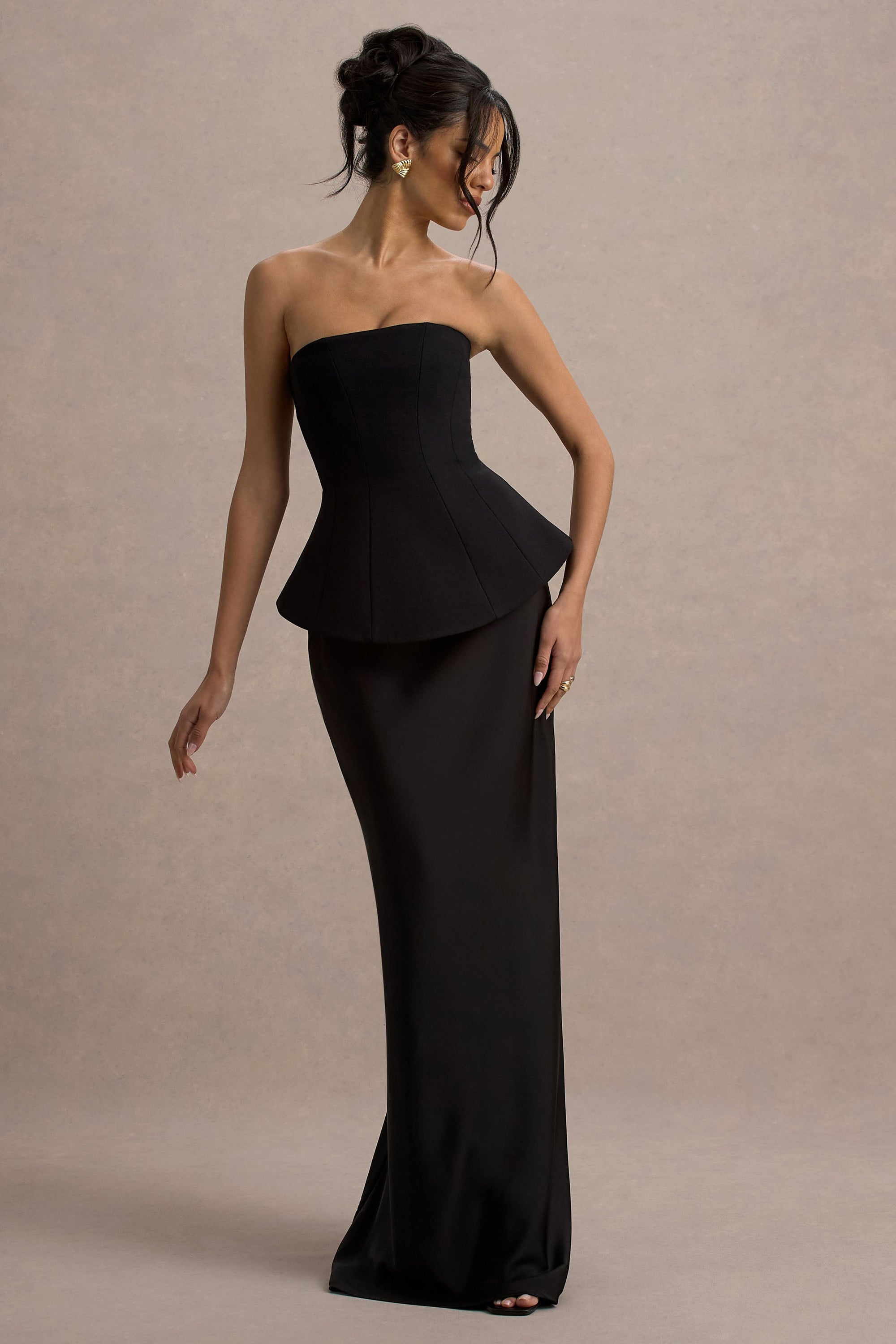 Ohio | Schwarzes schulterfreies Korsett-Maxikleid
