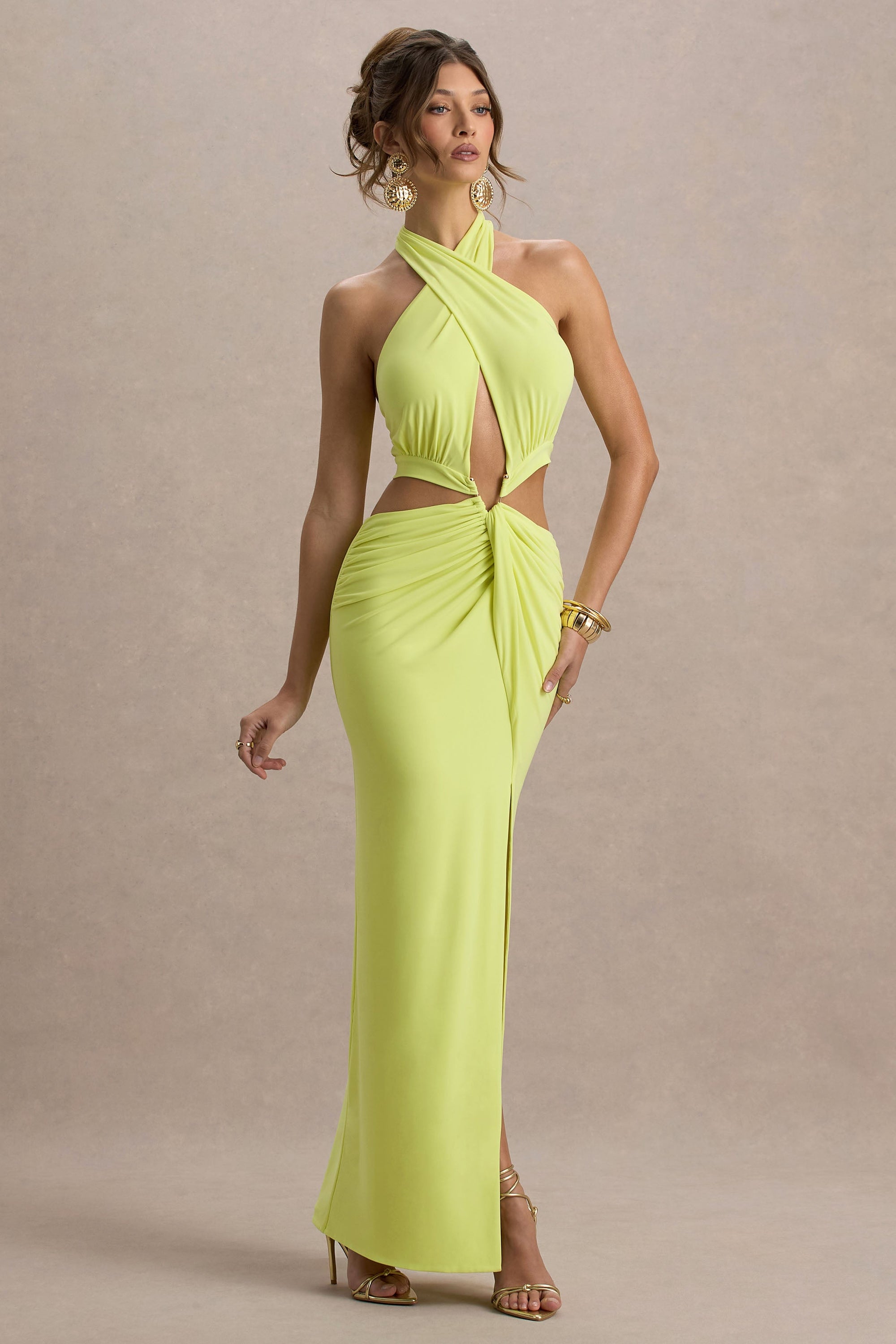 Aura | Limettengrünes Neckholder-Maxikleid mit Cut-Out und Schlitz