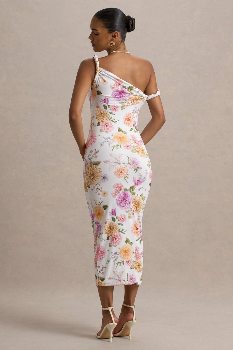 Nora | Pfirsich- und fliederfarbenes Midikleid mit Blumenprint und asymmetrischem Ausschnitt